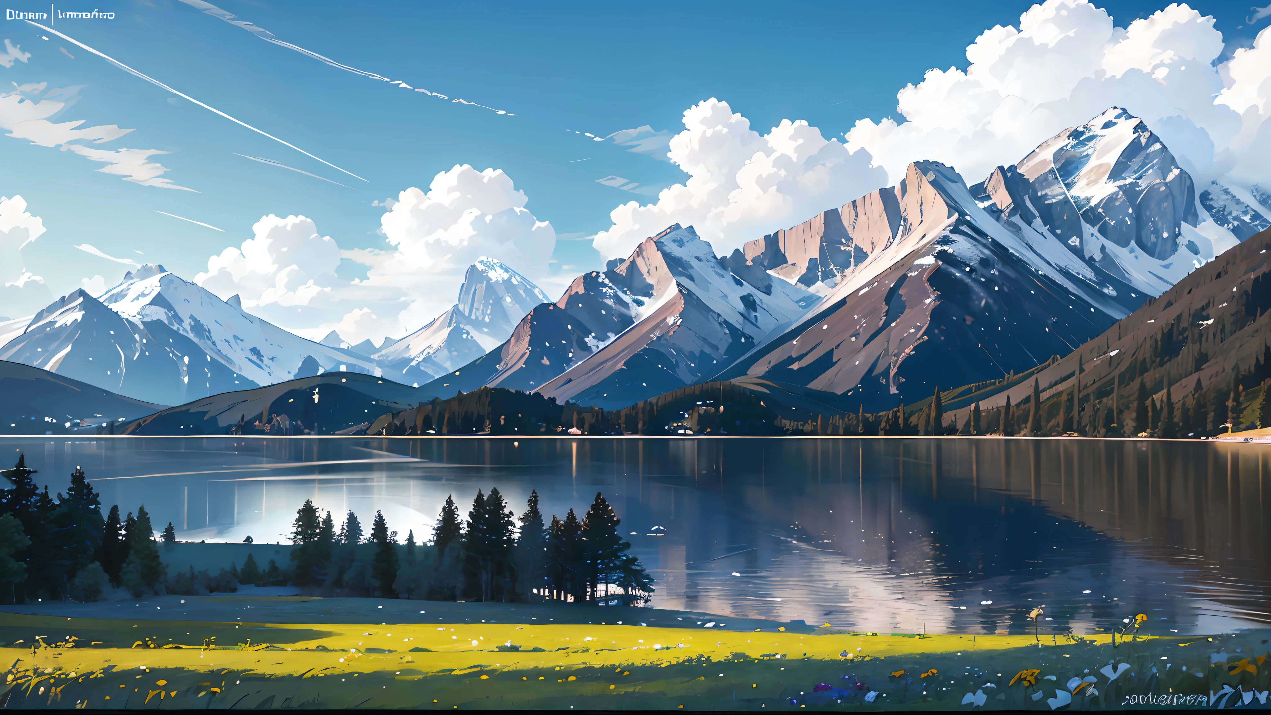 Summer, meadows, few small flowers, clear lakes, sheep, heaven, large clouds, blue sky, hot weather, HD detail, wet watermark, hyper-detail, cinematic, surrealism, soft light, deep field focus bokeh, distant view is snowy mountains, ray tracing, and surrealism. --v6