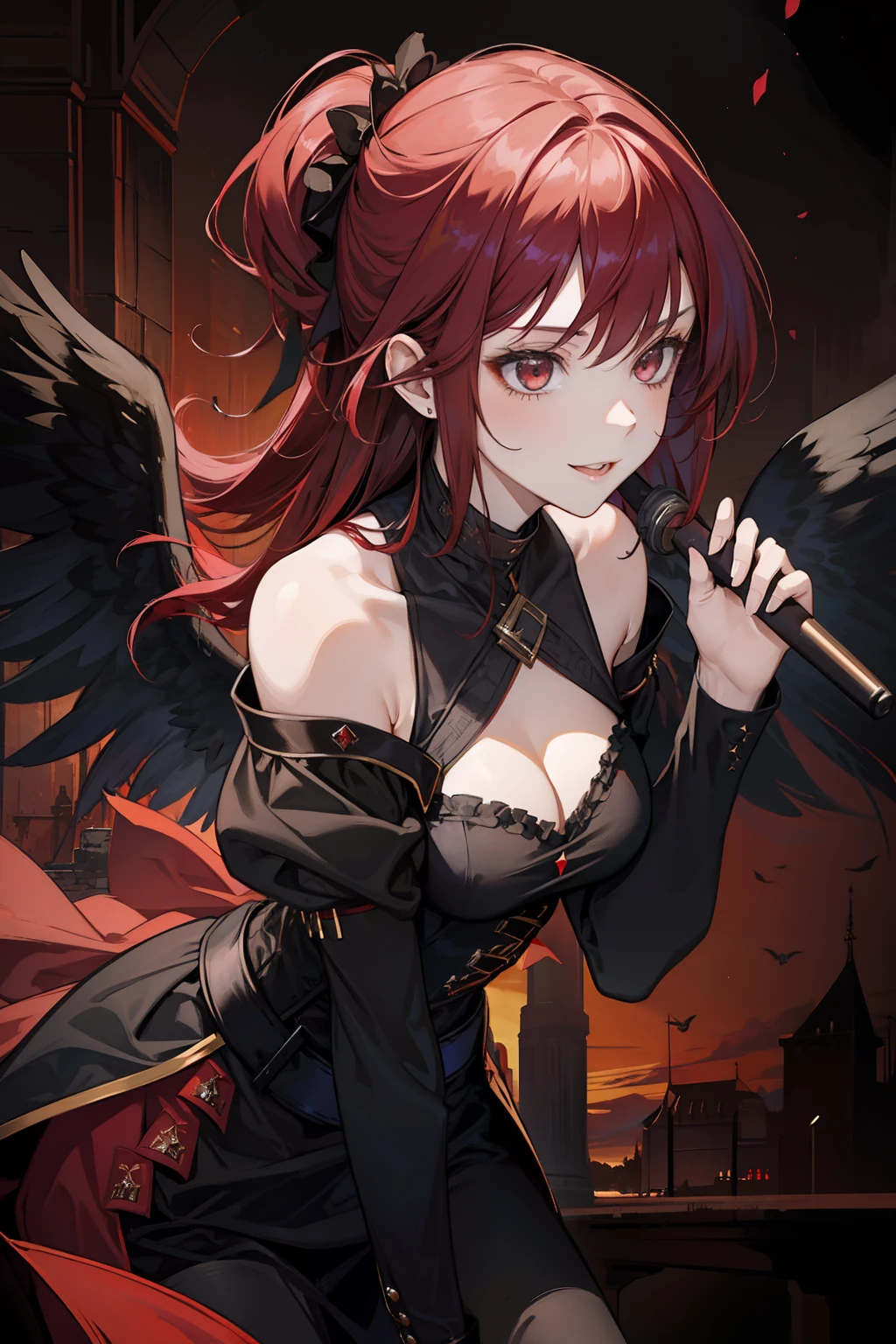 1 girl, solo, dark red hair, badass girl, seductive, black outfit, Medieval Europe background, angel, white wings, lovely smile