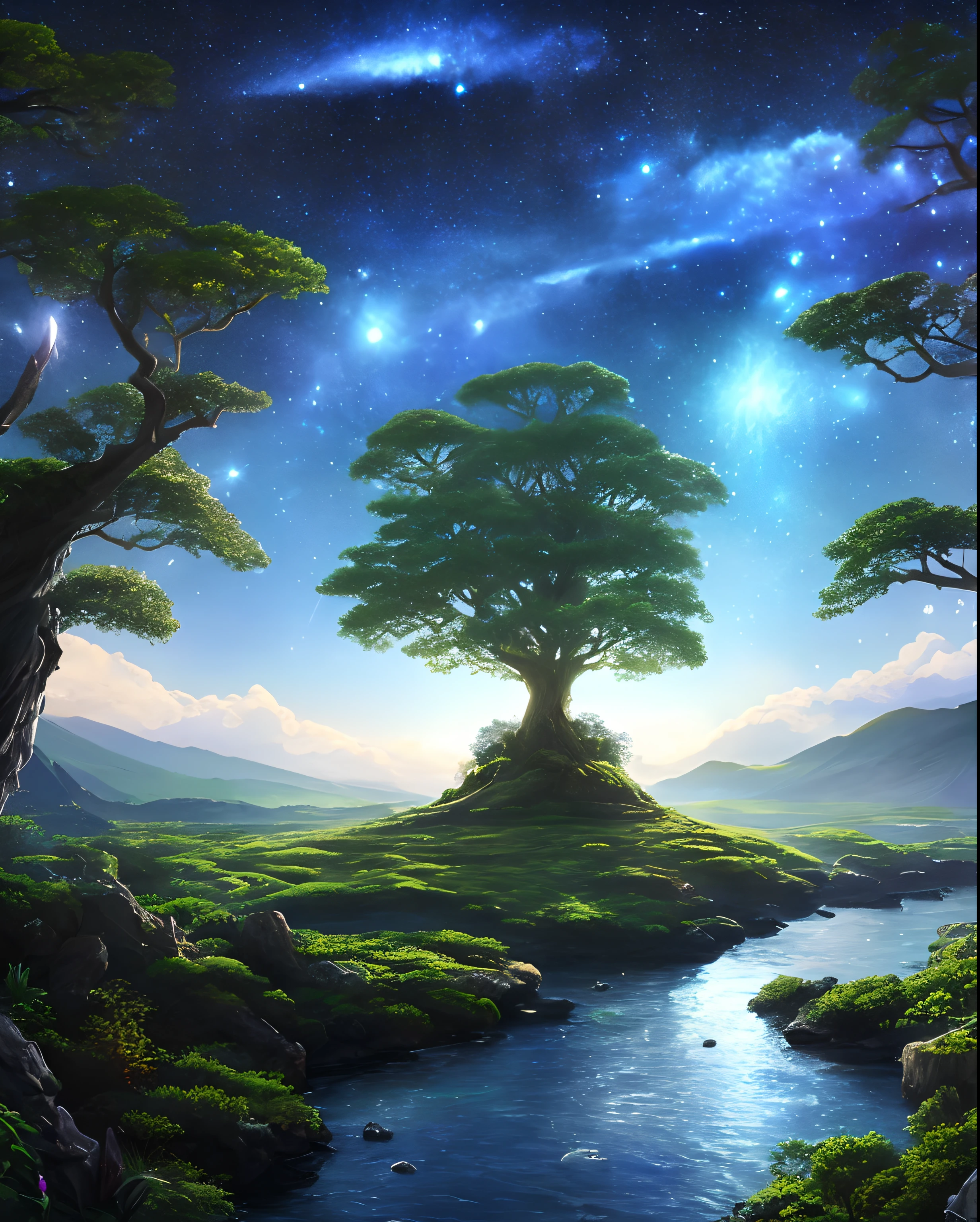 Illustration of a hyperrealistic , otherworldly, ultrasky scene featuring a giant crystal tree full body,very detailed and magical lighting, intricate forest details, vegetation and river around, solarpunk ,landscape, giant tree, beatifull leafy with beautiful lighting and realistic proportions, as if it were a cinematic background, 8k, highest quality, masterpiece, clouds and stars in the sky.