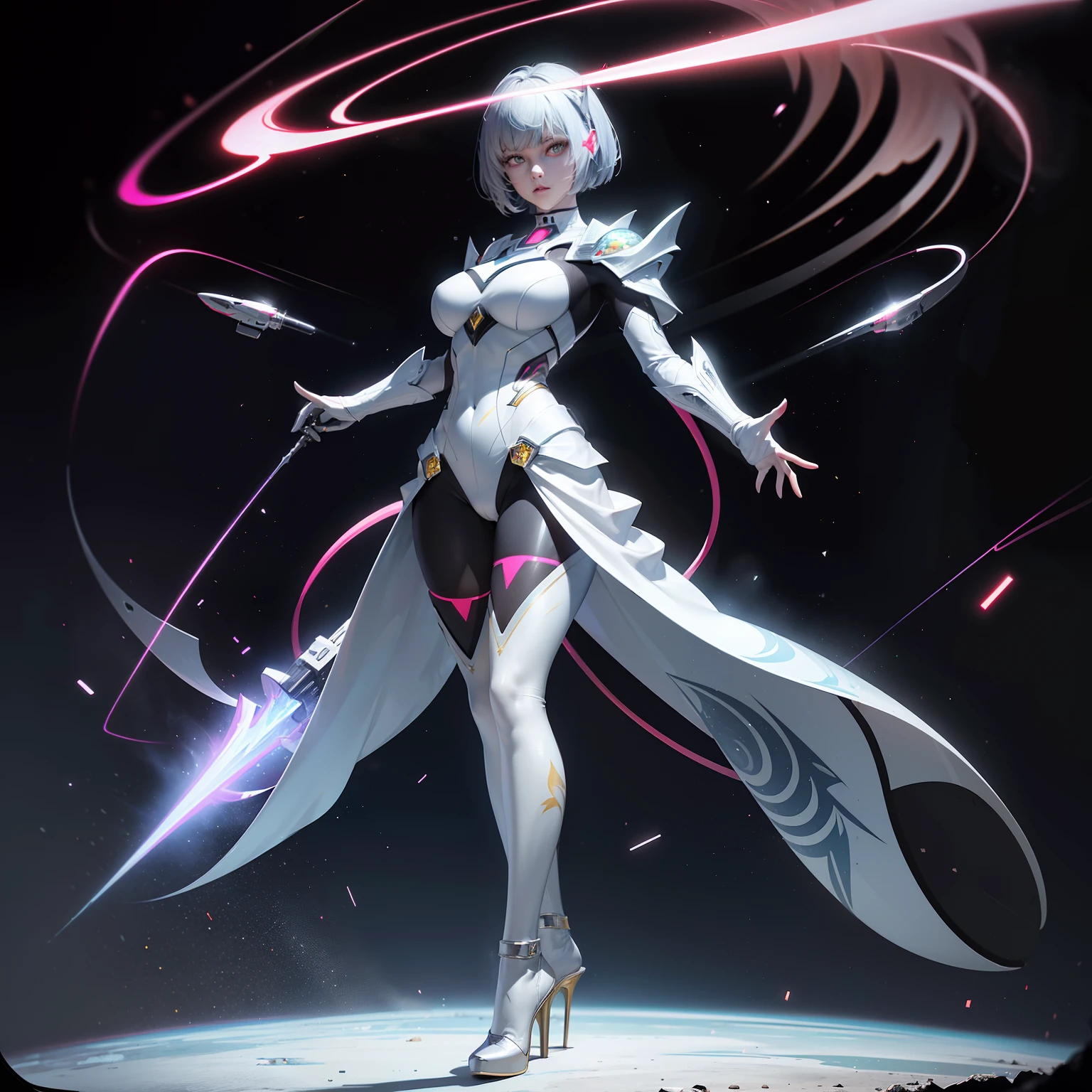 (full body:1.5),(1girl:1.3),(looking at viewer:1.4),(anatomy correct:1.3),(Wearing Highly reflective Printed Fantasy Ultraman suit and pointed high heels ,and Very thick Printed Pantyhose :1.35), (Light particle effect:1.3),(In pink | amarelo | blue colors| green color |red colors | white colors| black in color| purpleish color| greys| Beige| Flesh color 1.4),(Glowing eyes:1.3),(Large amplitude action: 1.3),(Accurate and perfect face:1.4),(Clothing Gloss:1.25),(Skin reflection:1.25),hyper HD, Ray traching, reflective light,structurally correct, Award-Awarded, high detal, lightand shade contrast, Face lighting,cinmatic lighting, tmasterpiece, super detailing, high high quality, high detal, best qualityer, 16k,high contrast,