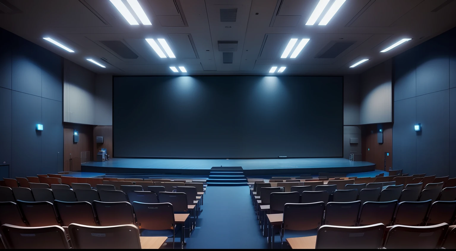 University lecture halls,Huge electronic screen,Spacious and atmospheric podium,Fill up with students,Rich in detail,Cinematic lighting,Blue tones,The fiber is soft and warm,cyber punk perssonage