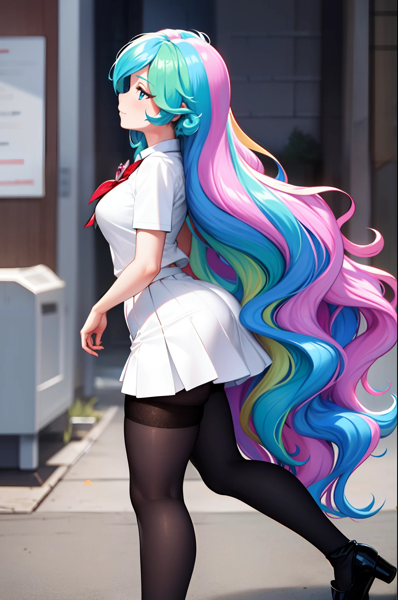 (from side), walking princess_celestia wearing a black school uniform, looking away, scene is city street, masterpiece, best quality