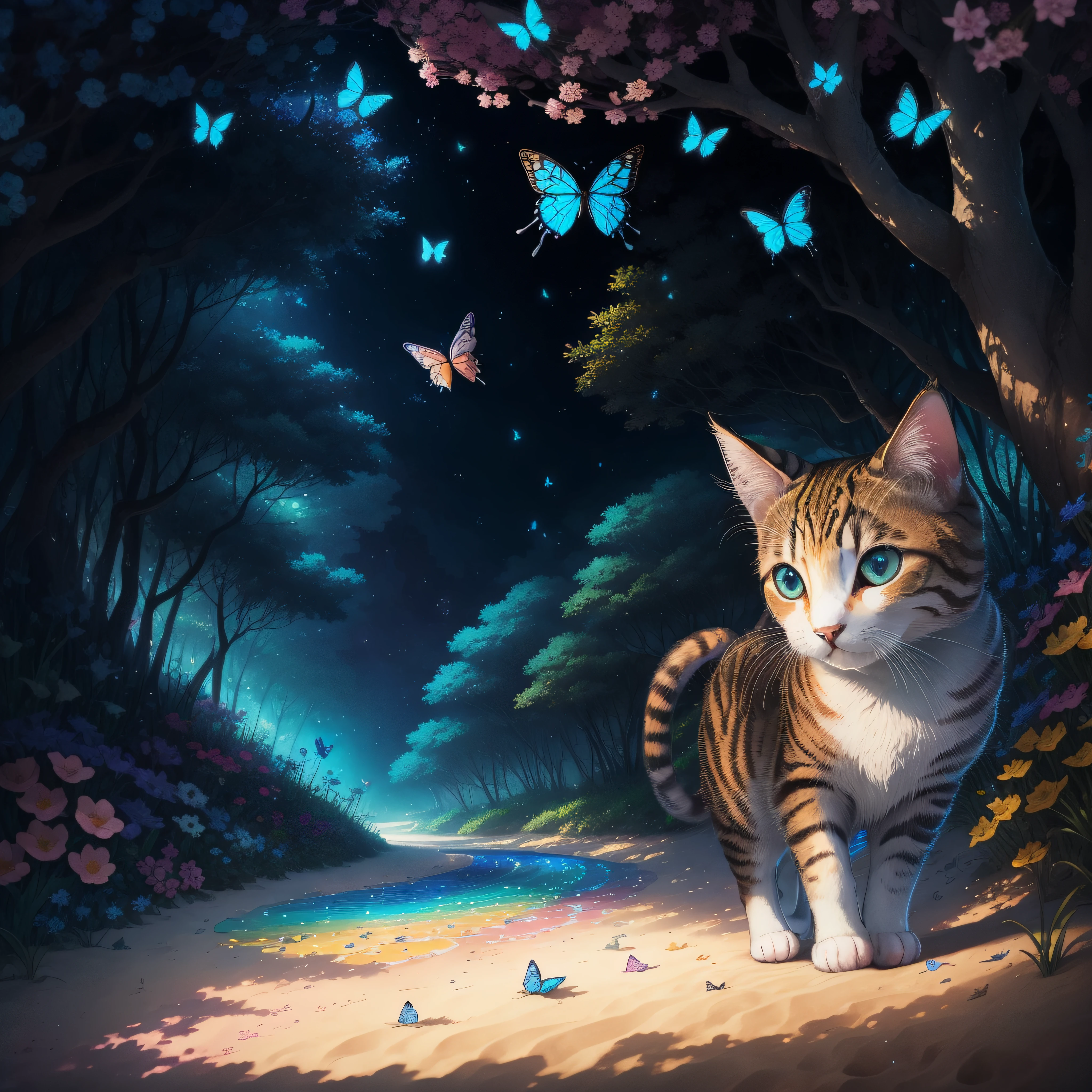 Cat frolicking with butterflies、Cat close-up、Cat close-up、Magical、ultra-detailliert、Super masterpiece、vivd colour、colourfull、One Cat、lithe body、round and clear eyes、round and clear eyes、Iridescent eyes、Iridescent eyes、Super masterpiece、vivd colour、colourfull、Rich colors、exquisitedetails、Colorful beaches