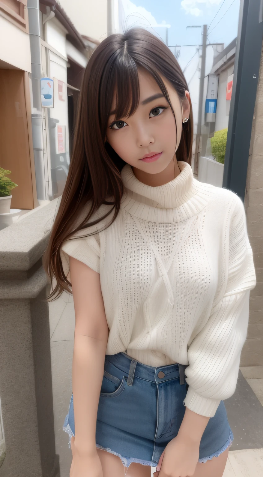 Highly detailed CG Unity 8K wallpapers, Highest quality, Very detailed, masterpiece, Realistic, photo Realistic, Very detailedかわいい, 20-year-old, Anatomically correct fingers、Perfect Fingers、(((Do-it-yourself skirt lift:1.2))), (Lift it yourself), Small white string panties、((blush)), ((Looking away and looking sideways))、(((A look of shame)))、Pastel color shoulder sweater、Pastel-colored pleated mini skirt、Japan、city、Jet Black Hair、Updo、White sneakers、(showing panties yourself)、garter belt