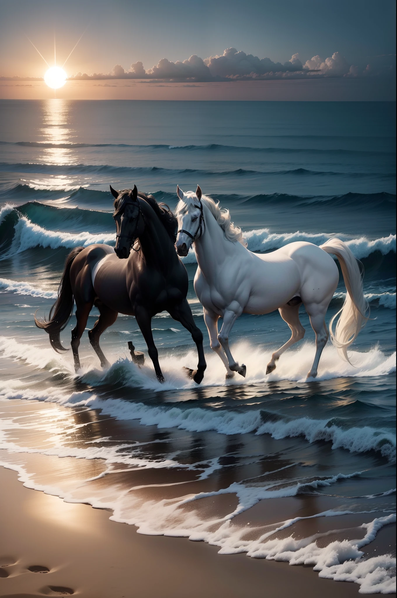 A white horse and a black horse in front of the sea, the sun is emerging from the sea, and there are two graves on the sand