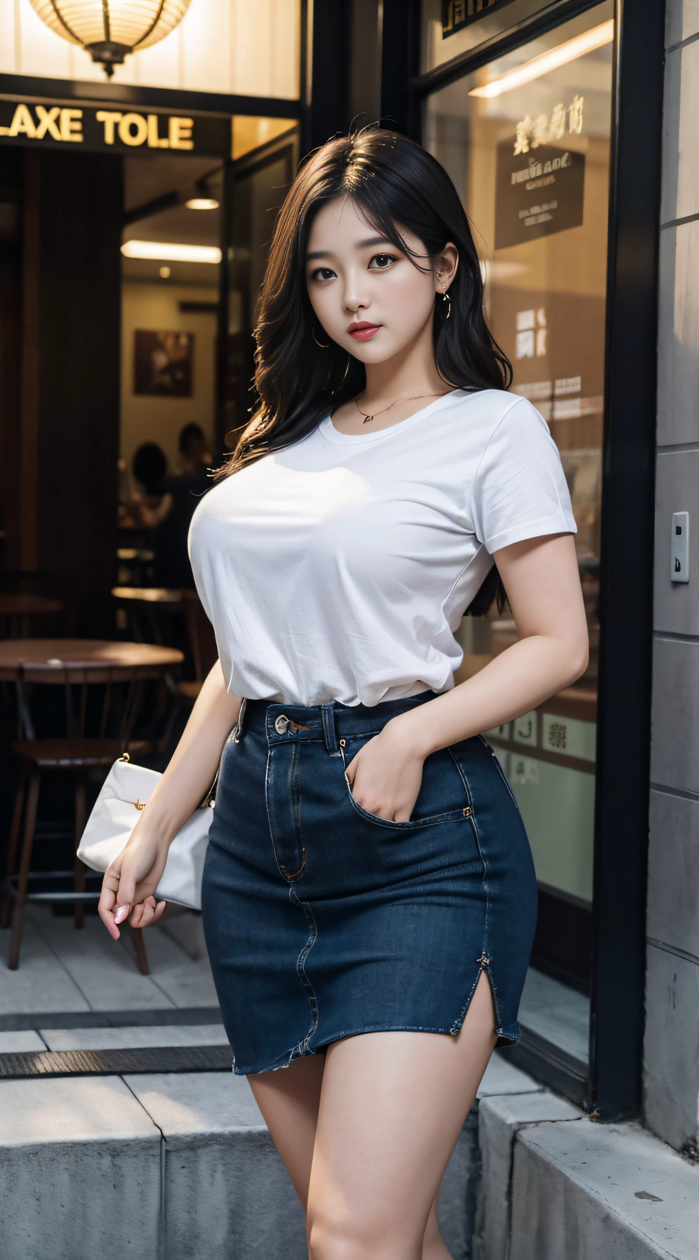 ​masterpiece、slightly chubby figure、beautiful countenance、tre anatomically correct、Cute casual outfit、Double eyelids、Fancy makeup、独奏、fullllbody、top-quality、4Ｋ、clong legs、Textured skin、Look at me、Casual skirt