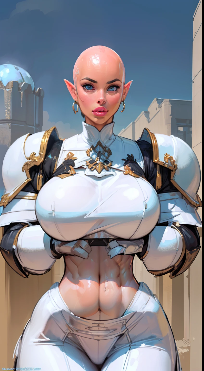 (((1girl:1.8))), ((bulky woman:1.5)) female, sehele style, anime style, (((dark elf))) (((skyblue skintone:1.4))) (((smoldering eyes))), ((bald:1.5)), ((no hair:1.5)), 8k, 4k, Unreal Engine 5, octane render, tight clothing, ((puffy lips)) trending on pixiv, ((huge shoulder pads:1.8)) (wide shoulders:1.4), (large biceps:1.5), fanbox, skeb, (((white armor:1.7))), ((exposed  midriff:1.4)) masterpiece, ((slendered abs:1.2)),((pressed breasts together:1.4)), (full bodied), wide hips, (full lips:1.5), smooth soft skin, big dreamy eyes, beautiful anime wide eyes, soft lighting, concept art, digital painting,