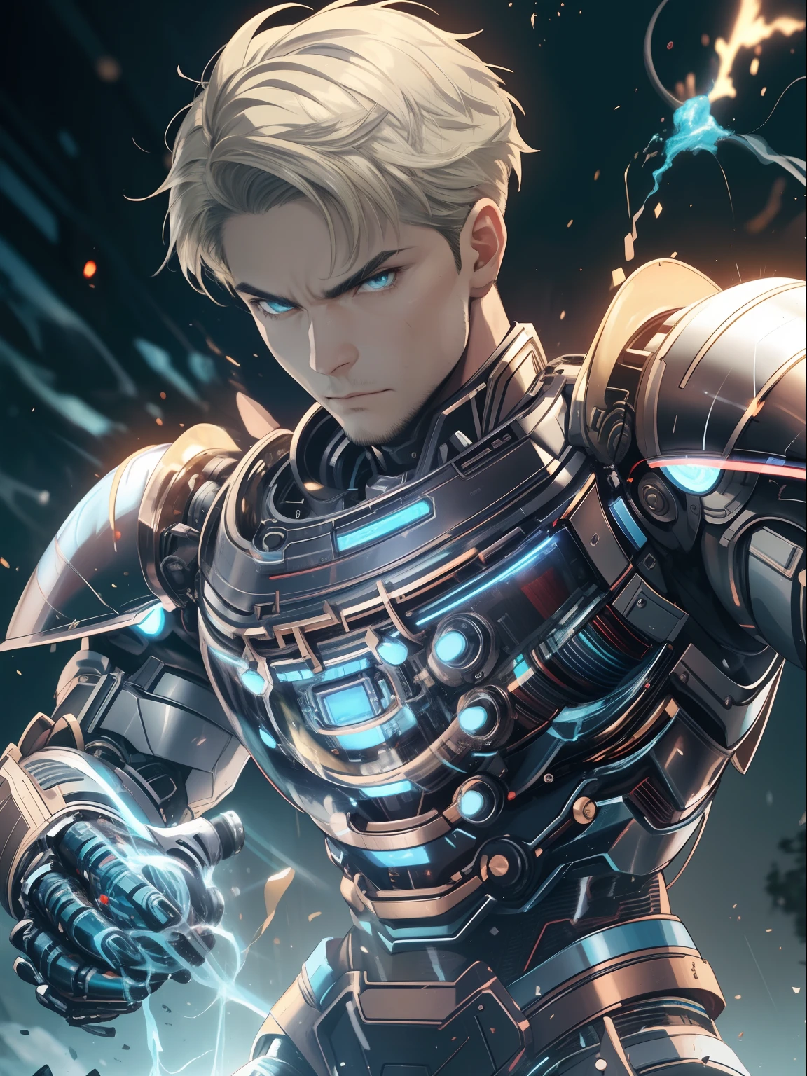 homem adulto q, ombros largos, technological armor, Cyberpunk, scientific fiction, sem pelos faciais, Cabelos prateados, blonde hair, Caudas Duplas Curtas, short hair, cabelos muito curtos, sem pelos faciais, olhos semi fechados, olhos mal, aqua eyes, Serious, Evil, arte conceitual, Action painting, Cinematic lighting, motion blur, simetria, character chart, cowboy shot, F/1.2, 35 mm, Hasselblad, 8k, pele texturizada, detalhes altos, alta qualidade