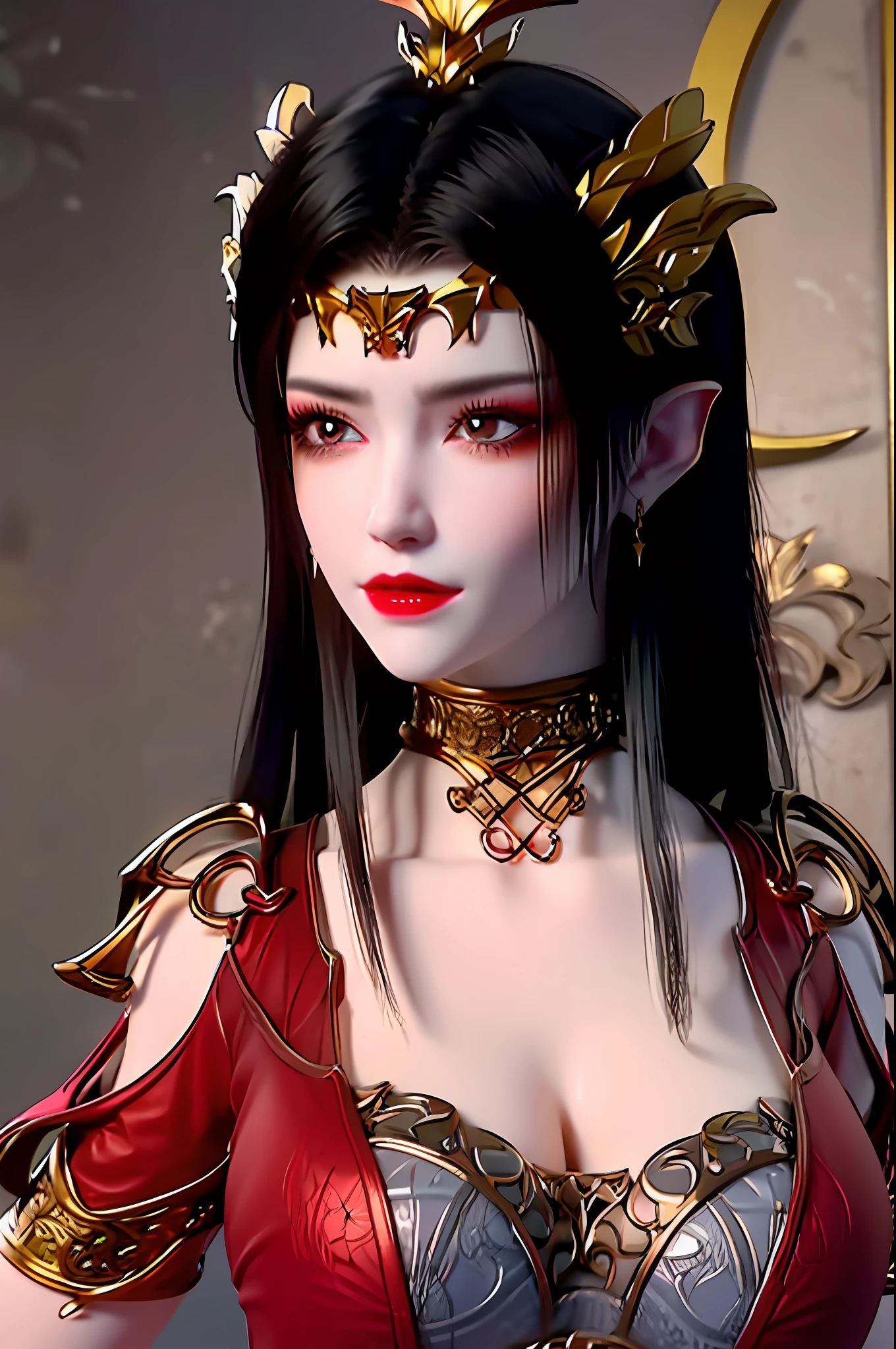 1 very beautiful queen medusha in hanfu dress, thin red silk shirt with many yellow motifs, black lace top, crown on her head, long hair dyed black, beautiful hair jewelry, pretty face pretty and cute, perfect face, earring jewelry, light purple rabbit ears, antique jewelry, big red eyes, sharp eye makeup, meticulous makeup eyelashes, thin eyebrows, nose tall, pretty red lips, no smile, pursed lips, rosy cheeks, wide breasts, big breasts, well-proportioned breasts, slim waist, red mesh stockings with black lace, Chinese hanfu style, fictional art patterns, colors vivid and realistic, RAW photos, realistic photos, ultra-high quality 8k surreal photos, cool photos, (virtual lighting effects: 1.8), 10x pixels, magic effects (background): 1.8), super detailed eyes, beautiful girl body portrait, girl alone, ancient hanfu background, looking directly at the audience, wide original photo, 8k quality, super sharp, detailed and clear picture best, detailed light background,