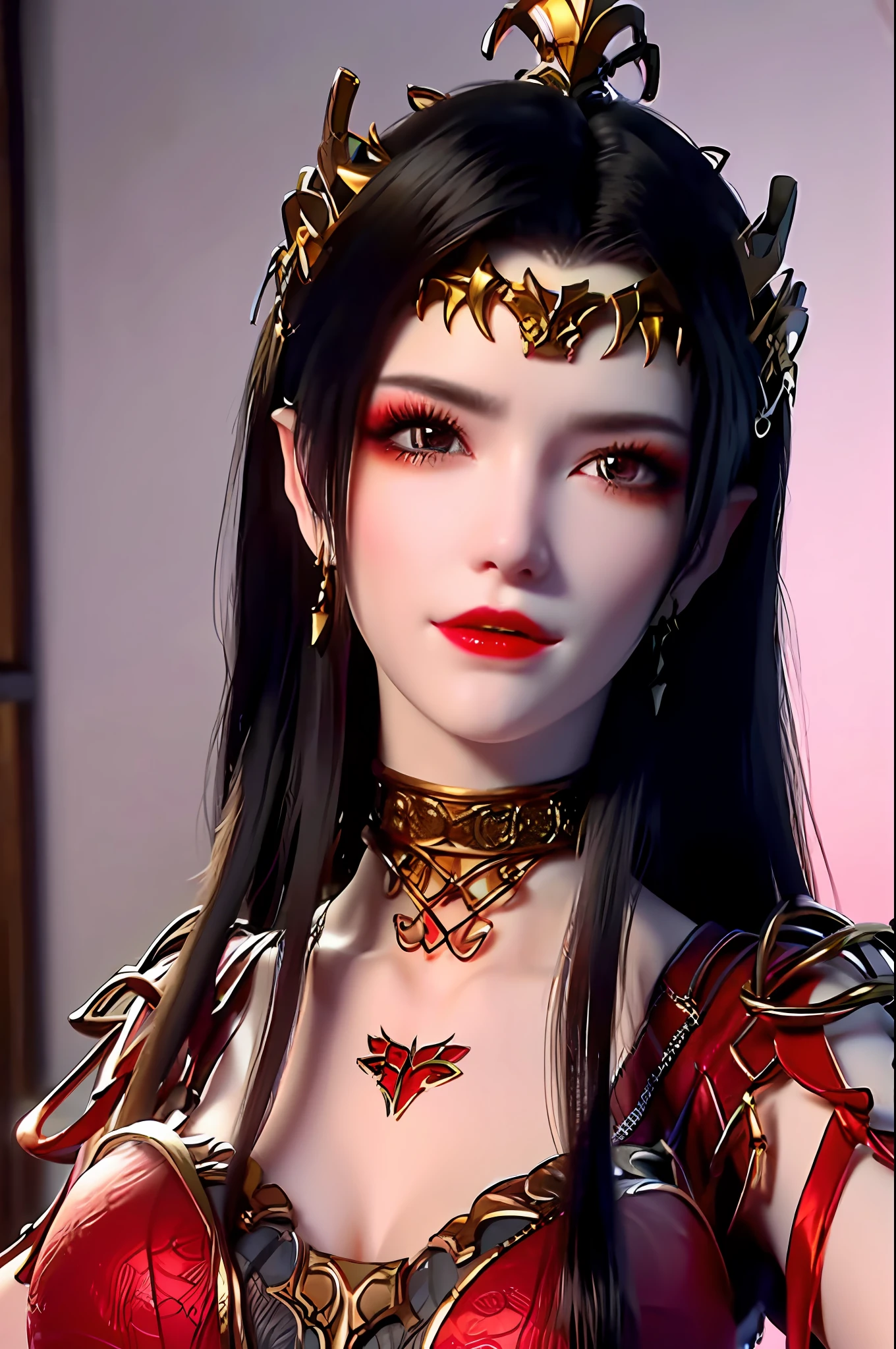 1 very beautiful queen medusha in hanfu dress, thin red silk shirt with many yellow motifs, black lace top, crown on her head, long hair dyed black, beautiful hair jewelry, pretty face pretty and cute, perfect face, earring jewelry, light purple rabbit ears, antique jewelry, big red eyes, sharp eye makeup, meticulous makeup eyelashes, thin eyebrows, nose tall, pretty red lips, no smile, pursed lips, rosy cheeks, wide breasts, big breasts, well-proportioned breasts, slim waist, red mesh stockings with black lace, Chinese hanfu style, fictional art patterns, colors vivid and realistic, RAW photos, realistic photos, ultra-high quality 8k surreal photos, cool photos, (virtual lighting effects: 1.8), 10x pixels, magic effects (background): 1.8), super detailed eyes, beautiful girl body portrait, girl alone, ancient hanfu background, looking directly at the audience, wide original photo, 8k quality, super sharp, detailed and clear picture best, detailed light background,