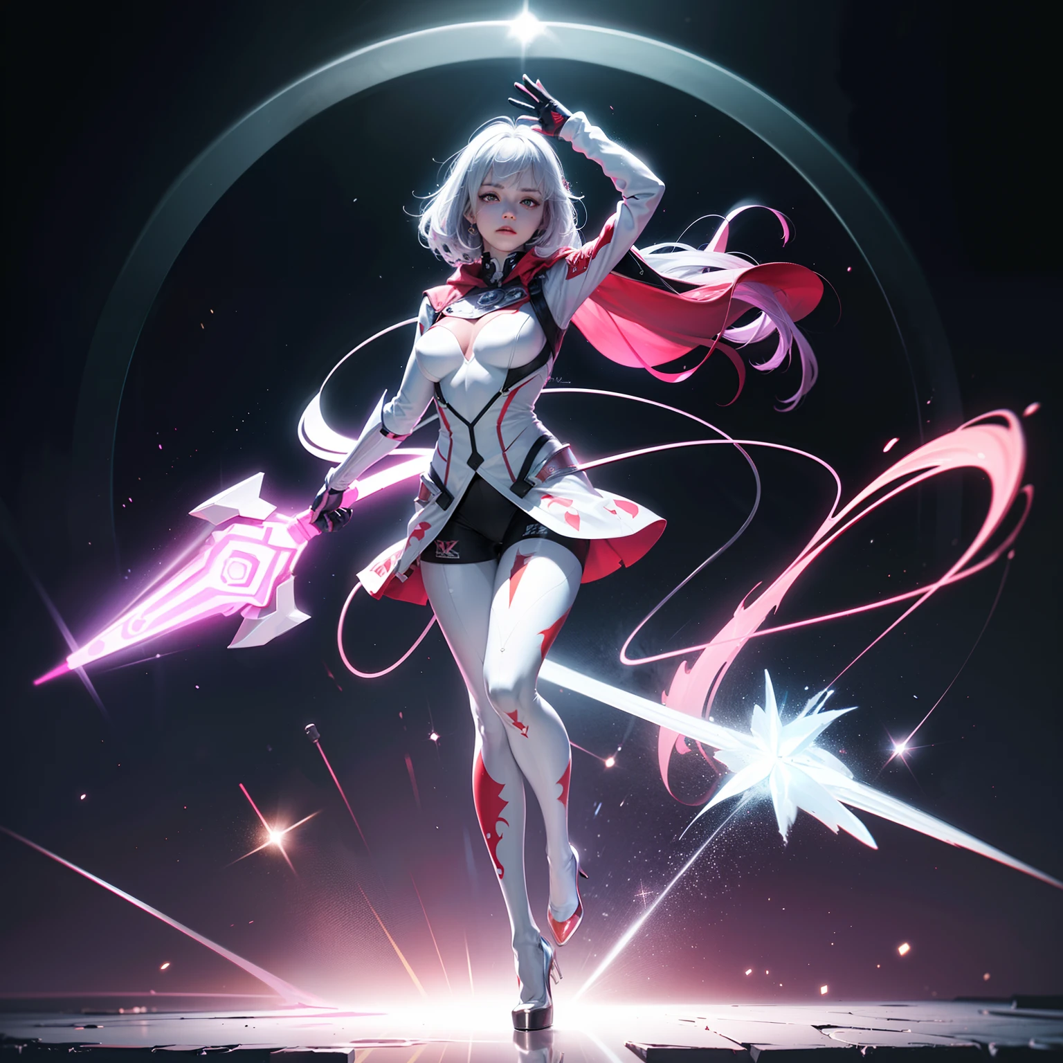 (full body:1.5),(1girl:1.3),(looking at viewer:1.4),(anatomy correct:1.3),(Wearing Printed Fantasy Ultraman suit and pointed high heels ,and Very thick Printed Pantyhose :1.35), (Light particle effect:1.3),(In pink | amarelo | blue colors| green color |red colors | white colors| black in color| purpleish color| greys| Beige| Flesh color 1.4),(Glowing eyes:1.3),(Large amplitude action: 1.3),(Accurate and perfect face:1.4),(Clothing Highly reflective:2),(Skin reflection:1.25),hyper HD, Ray traching, reflective light,structurally correct, Award-Awarded, high detal, lightand shade contrast, Face lighting,cinmatic lighting, tmasterpiece, super detailing, high high quality, high detal, best qualityer, 16k,high contrast,