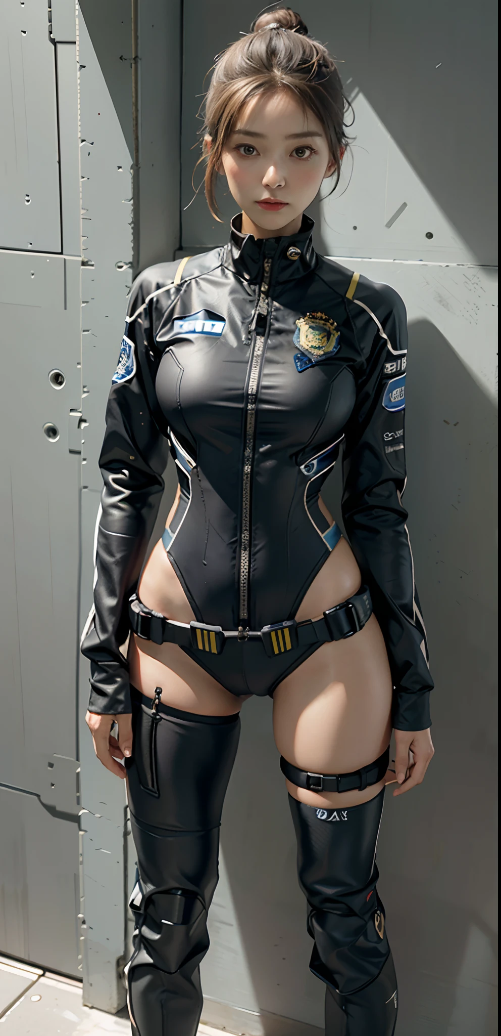 Highest image quality, outstanding details, ultra-high resolution, (realism: 1.4), ((full body)), the best illustration, favor details, highly condensed 1girl, with a delicate and beautiful face, (wearing racing suit likes police uniform, black and gray mecha, wearing a night-vision goggle, military harness, having a machinegun on back, "SST"), background simple grey wall,