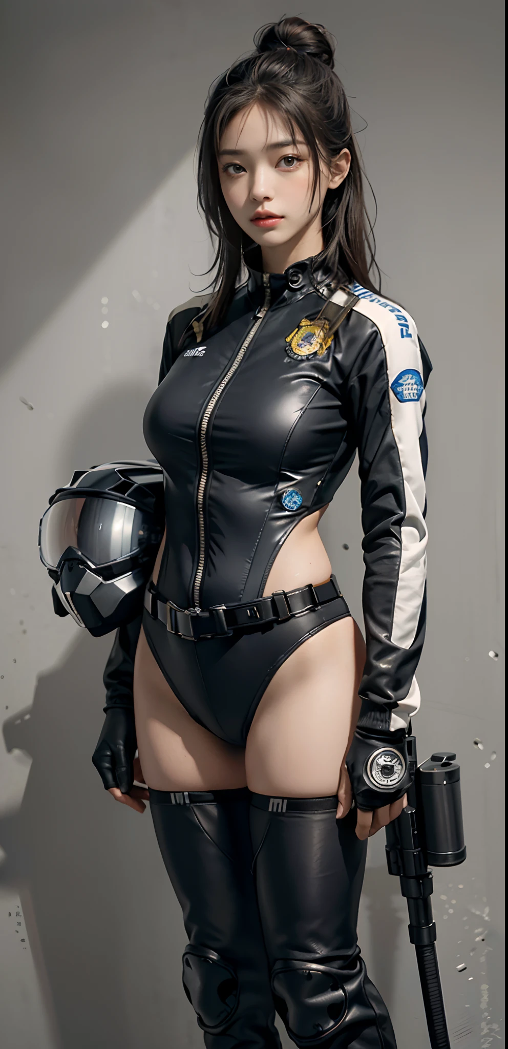 Highest image quality, outstanding details, ultra-high resolution, (realism: 1.4), ((full body)), the best illustration, favor details, highly condensed 1girl, with a delicate and beautiful face, (wearing racing suit likes police uniform, black and gray mecha, wearing a night-vision goggle, military harness, having a machinegun on back, "SST"), background simple grey wall,