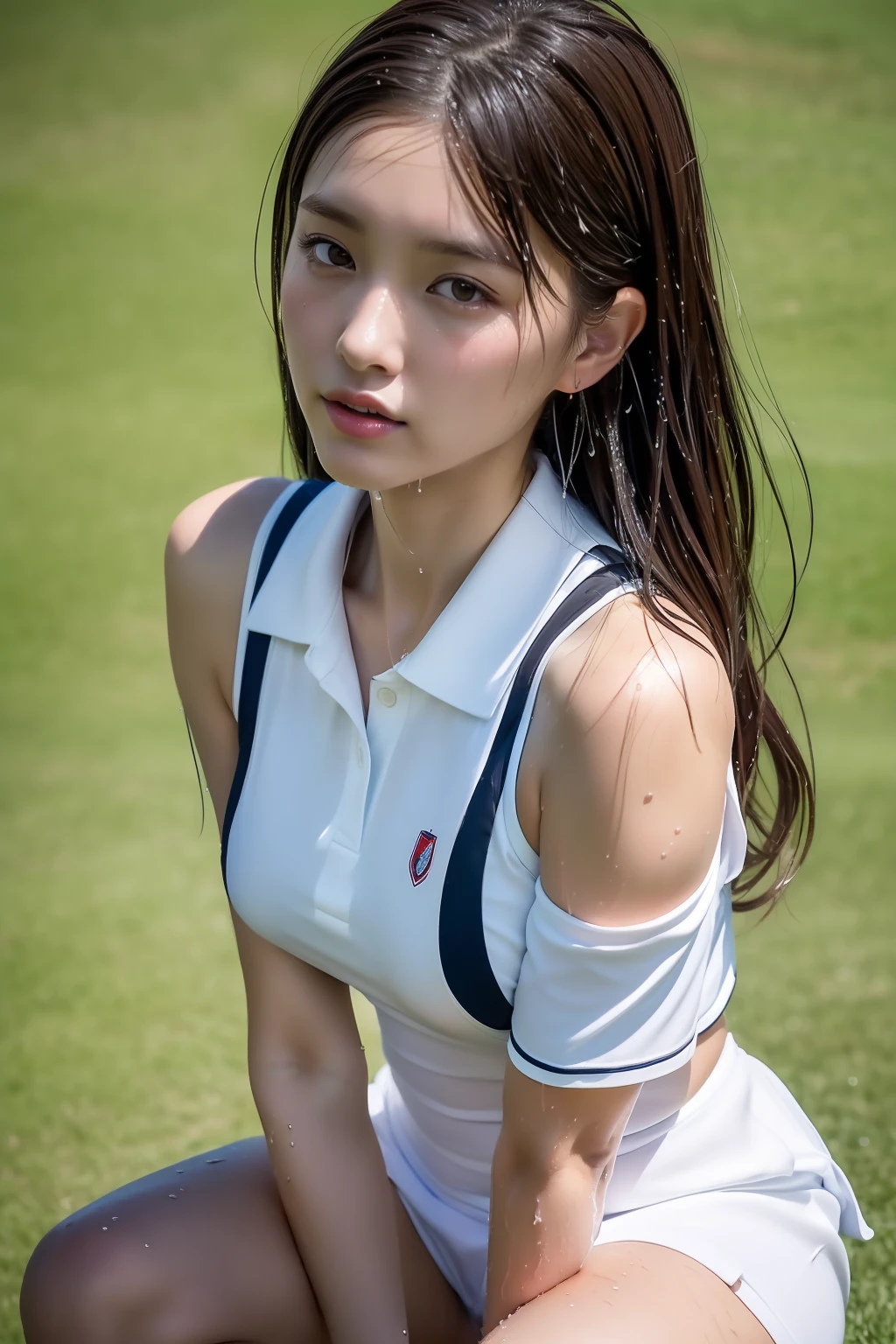 (Best Quality, 8k, 32k, Masterpiece, UHD: 1.2), (1 slender woman of Japan, 28 years old, tall gravure model), Dark Brown Hair, Professional Lighting, Photon Mapping, Radiosity, (High Definition Skin: 1.2), (Exposed Shoulder: 1.1), squatting with legs open, ((provocative dynamic pose)), ((she is wet)), (Top-Down View: 1.5, (golf Uniform: 1.1, ), Ultra Detailed Face, Detailed Lips, Detailed Eyes, Double Eyelids, (sensual gaze to the photographer, lips slightly open) clear sky, golf field,