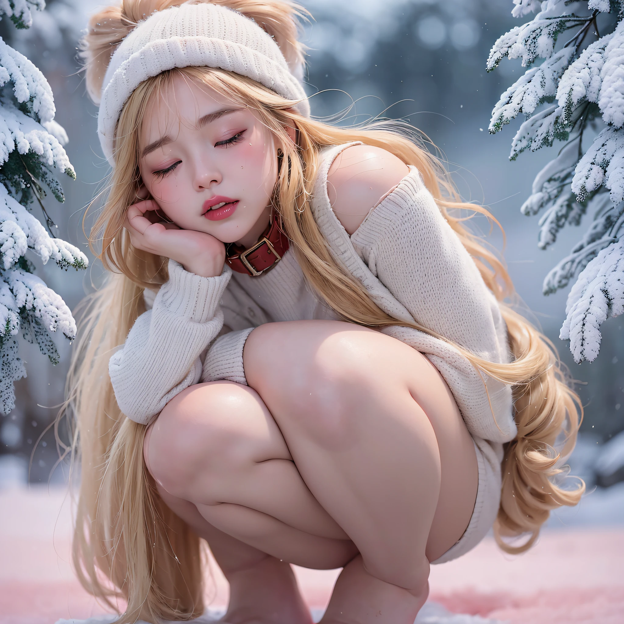 Japan girl, outdoor, snowy mountain, (heavy snow: 1.3), shot from the front, beige knitted dress, panties, white knitted hat, blonde long hair, full body, one girl, closed eyes, (((very beautiful portrait)), (glowing skin)), RAW photo, (masterpiece, top quality, hyper detail, cinema lighting, intricate detail, high resolution, 8K, very detailed), detailed background, 8K UHD, DSLR, Soft Illumination, High Quality, Film Grain, Fujifilm XT3, Shallow Depth of Field, Squatting Cowgirl,Open Legs, POV, Open Mouth, Low Angle, Crying, Exposure, (Red Collar:1.2), (Thick Lips, Pink Lips: 1.3), (Drenched: 1.3), Cheeks Red