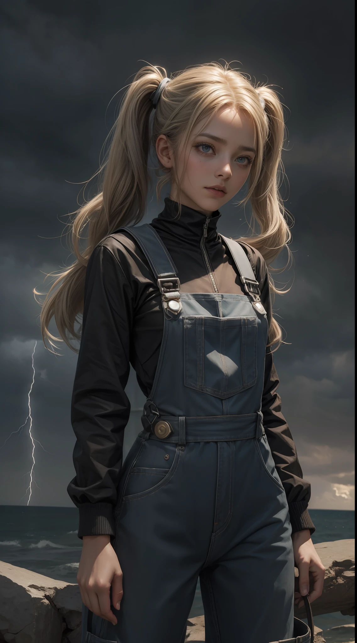 Garota 18 anos na chuva , corpo molhado, cabelo pigtails molhado prateado, Beautiful cybernetics looking at the camera , Dress Overalls ,Obra-prima realista, Pose ativa, action pose, luz LED |, Gold Parts, franja, cabelo curto molhada, vista traseira, Costas, in a storm overcast sky with lightning and lightning, rear camera angle