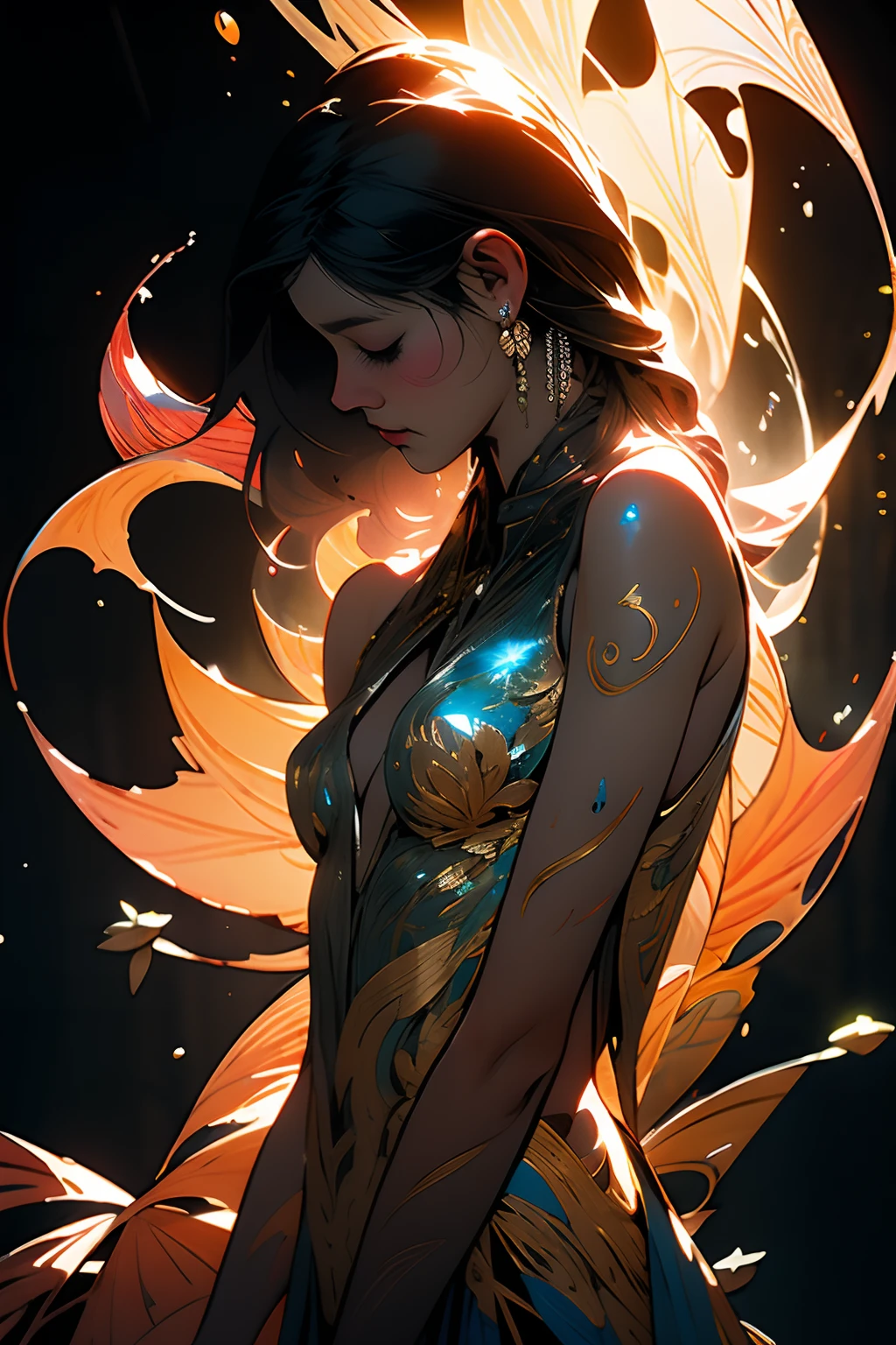 Create a beautiful tree, tree woman With the torso with a feminine silhouette. a perfect female body With green leaves. digital drawing, perfect face, glowing skin, 8k concept art portrait, dynamic, detailed lighting, fractal complex background, alcohol ink drawing. black background with paint splatters, by Hirohiko Araki, Official Art, Unity 8K Wallpaper, Masterpiece, Best Quality, (Zenredar, mandala, tangle, tangle), 1 beautiful platinum and black and gold Caucasian hair girl, Angle dynamic, The Most Beautiful Form of Chaos, elegant, bright colors, romanticism, By James Jean, Takato Yamamoto, Ashley Wood, ??????? of music notes, transmission of visible music notes, Style Wtrcolor, blown by the wind, Masterpiece, ((watercolor )), paint splatters, intricate details. [drip: 0.7], Trending on Artstation, Rachel Walker, Style-Painting-1900, A beautiful nude woman completely covered in paint floating in a pool, beautiful lighting, beautiful large detailed eyes, Nirvana, relaxed, paint drips, Spirals of Paint, Paint Splatter, (Beautiful Swirls of Paint Swirls), by By Sandra Chevrier, vivid contrasting colors, chromatic aberration, black background, Best Quality, (realistic: 1.2), (high contrast: 1.2), black hair and gold and silver and bronze decoration, goddess of the forest, beautiful caucasian girl close-up, beautiful goddess fused with forest and trees, black hair fused with platinum and gold, girl naked skin wet with water, beautiful visible pubic area, pink pesons, Exposed small breasts, garden pond, mandala and flower tattoos on the naked body, floating antique clock, lamp, lantern, garden pond, visible beautiful pubic area, pink nipples, small breasts in the view, full body, Sakimichan art, oriental mandala tattoo, fractal background, silver and gold and bronze spirit, floating ancient clock, ancient lamp, faint smile, view from below, towering goddess, nude female body fused into forest vines and leaves of trees, roman column, ancient temple with garden and pond