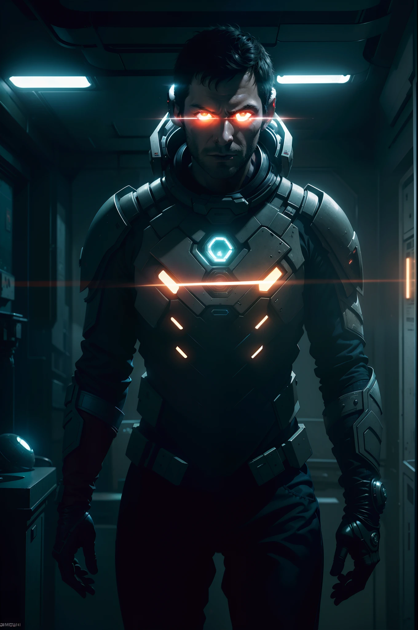 Sci Fi Horror Dead Space David Giuntoli on Ishimura Haunted sci fi Space Ship photography, photorealism, shiny skin, cinematic rendering, ray tracing, the highest quality, the highest detail, Cinematic, Third-Person View, Blur Effect, Long Exposure, 8K, Ultra-HD, Natural Lighting, Moody Lighting, Cinematic Lighting
