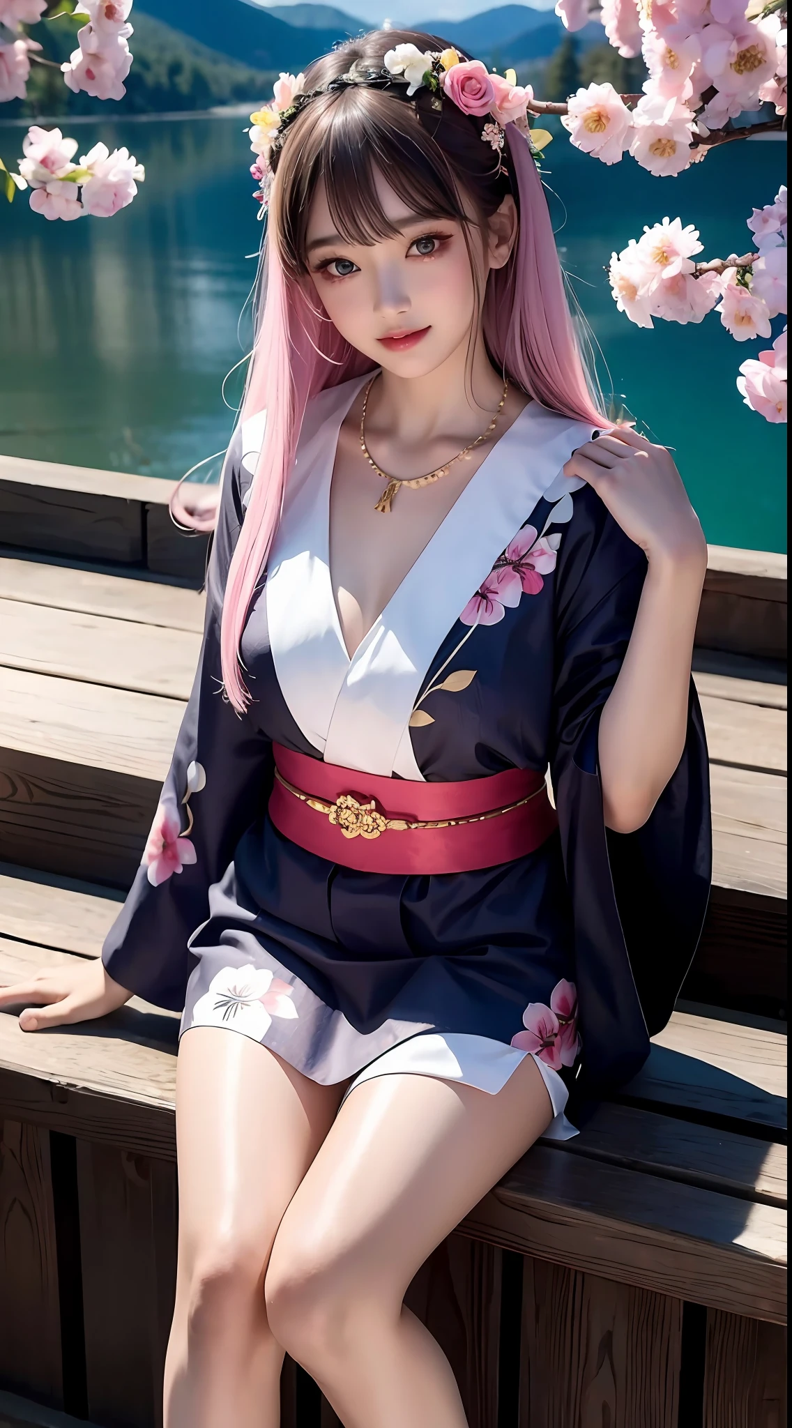 Single European woman in a Japanese garden, sit on a bench, cute yukata with flower patterns, tanned skin, pink hair , long hair, braided hair, glossy lips, Eye shadow , natural make-up, , green eyes, deep Cliveage, perfect hand, perfect arms, perfect body, Second Life Avatar, Beautiful screenshot, Second Life, high quality, very detailed skin