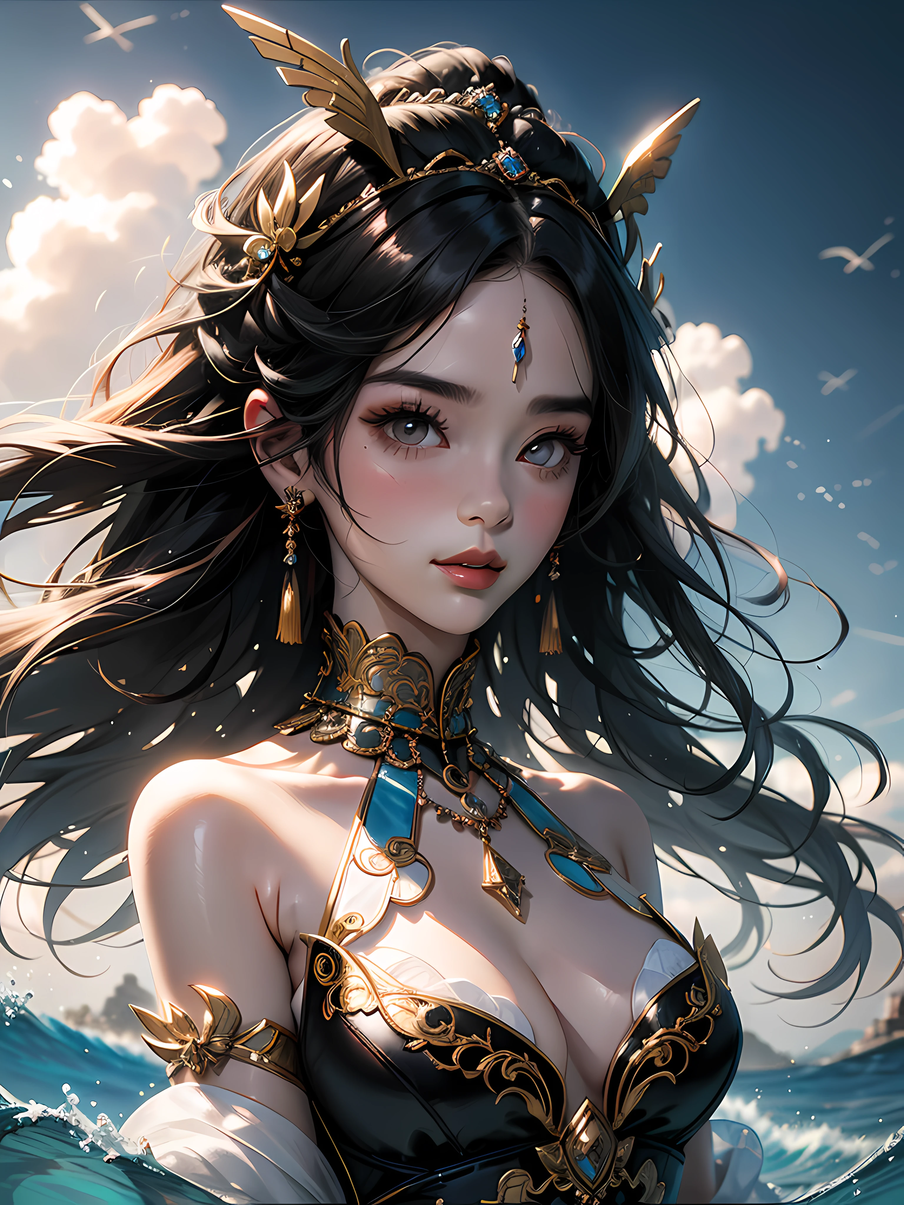 black hair, hair bobbles, longeyelashes, light smile, ear blush, god rays, cinematic lighting, from below, f/16, Wide-Angle, 8k, super detail, ccurate, Best quality Chinese woman in gorgeous dress,ancient wind,silkouette,Delicate headgear,hand sign,choker necklace,耳Nipple Ring,Black hair,Long hair and big waves,