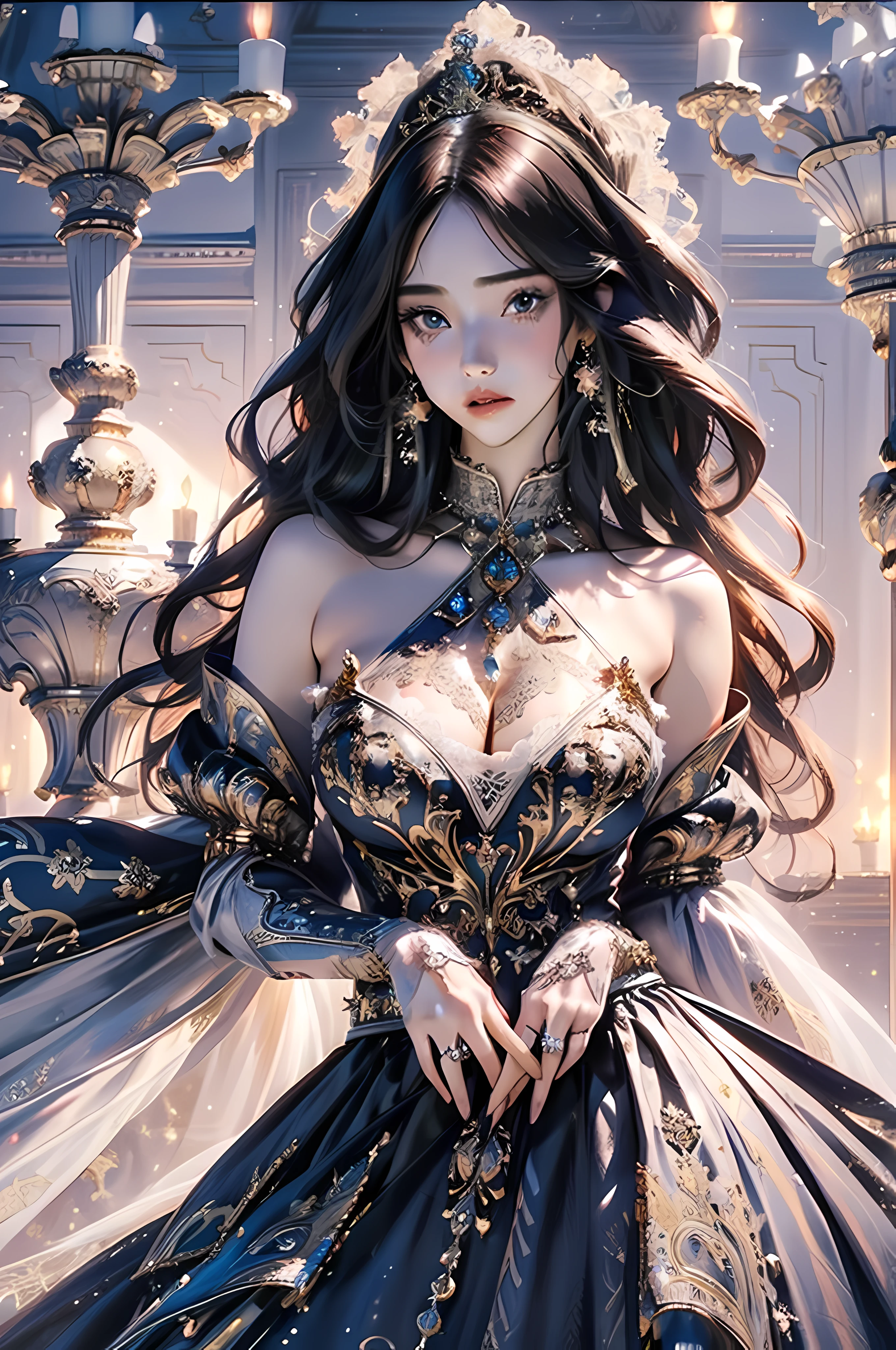 ((anime art style)),(Masterpiece),(Best quality), (Super detail),((Very delicate and beautiful)),(((Solo))),((full bodyesbian)),(((1 princess wearing a baroque dress,Wear it with a voluminous full-length skirt))),crinoline,((Standing in a baroque office)),Long trains,(Gorgeous gemstone jewelry),Detailed face and eyes,Jewel-like eyes,((Plenty of straight hair,Extremely plump Very long straight hair)),(Gorgeous embroidery and lace),(((huge tit,Long milk))),cleavage,Gorgeous corsage,See-through,Extremely gorgeous hair accessories,((Extremely gorgeous gemstone tiara with sparkling gold)),ornate ruffles,Beautiful embroidery,((Dynamic Angle)),view the viewer,(((baroque dress,Plump full-length lap skirt)))