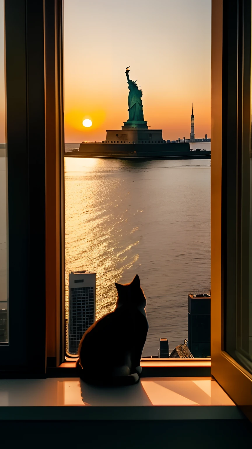A slightly chubby, cute fluffy light orange cat,sitting on a window sill,The room was dark,The cat looked out the large glass window,Outside the window is the Statue of Liberty,The sunset is full,Cool time。Good view,Leica 8K stills from A24 film,looking out,cinema shot,Look at the Statue of Liberty,film view!!