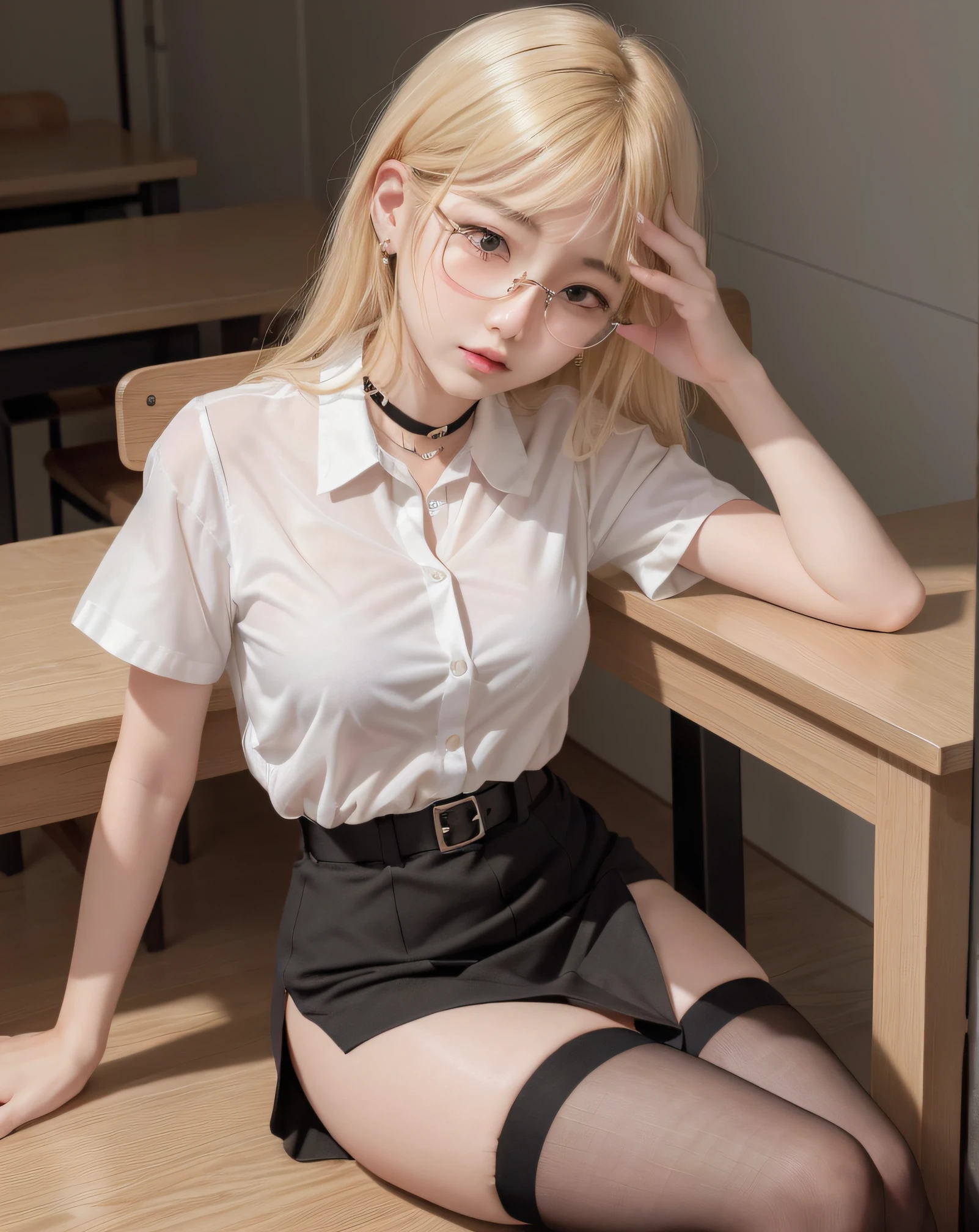 Arafe woman in black bikini sitting in bathtub, Shiori Teshirogi, mamimi samejima, Yasumoto Oka, Aya Takano, mayuri shiina, Uzuki Shimamura, ((White panty, Cameltoe)), (Raw photo:1.2), Beautiful detailed girl, Beautiful detailed eyes, Incredibly ridiculous, super detailed, Very detailed, masutepiece, ((Japanese girls' high school uniform)), nffsw, 8K Wallpaper, Fine details, Best Quality, Light on Face, 1girl in, ((No panties)), (Camel toe), (pantyhose), 1girl in, 12mm, wide, Shiranui mai, medium breasts, (Ultra Hi-Res), Renetting, The tattoo, POV, 8K, Realistic light, realistic shadow, River, absurdres, 1girl, blush, (realistic:1.5), (masterpiece, Extremely detailed CG unity 8k wallpaper, best quality, highres:1.2), (ultra_detailed, UHD:1.2), perfect illumination, distinct, (1girl:1.4), looking at viewer, unreal engine, sidelighting, perfect face, detailed face, perfect body, beautiful eyes, pretty face, (bright skin:1.4), idol, (abs), ulzzang-6500-v1.1,,((narrow waist)),(blonde hair),MAHALAIUNIFORM,(((WHITE SHIRT SHORT SLEEVES))),((BLACK polished PENCIL SKIRT)),((BLACK PLEATED SKIRT)),((in the classroom)),(choker),((white shirt short sleeves )),((black pencil skirt)),(belt),((sitting on the table)),(Full body:1.4),bangs,((glasses)),sharp eyes,peck the corners of the mouth,silver earrings,hands in hair,silver watch,((medium breast))