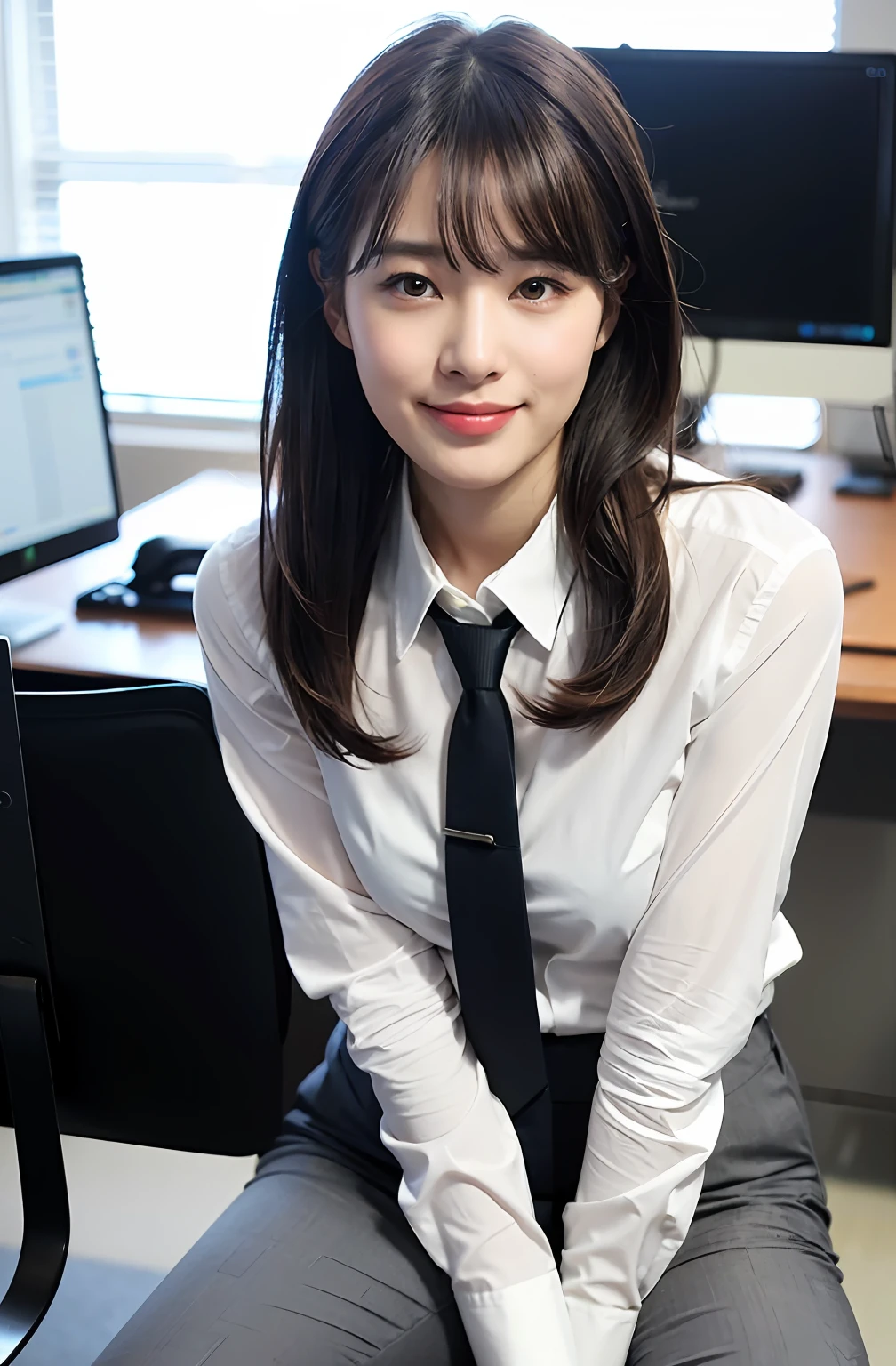 ((8K)、top-quality、masterpiece、超A high resolution:1.2)Photo Beautiful Japan woman、Elegance、There is a good、Transparent atmosphere、Beautiful face、Gradient lighting、1girl in、Delicate skin、Look into the distance、Brown-eyed、(short hair with bangs:1.2)、(breasts are large:1.0)、(realisitic:1.4)、(top-quality:1.0)、(超A high resolution:1.0)、8K、Raw photography、(masterpiece:0.2)、(pureerosface)、 Tight Business White Shirt、Thin gray tie、Tight Y-shirt、The shirt、Tight silhouette、Thin gray tie、Black pants、Business Fashion、Dark gray pants、The band is thin、want me、Take your eyes off、s Office、There are many computers lined up、suspenders、Lots of desks、Large office、total darkness、subject、Lean、Hang your employee ID card from your neck、Having a file、deep in the night、Ass big、Kinda chubby、chubby figure、Bangs shed to the side、Perfect hairstyle、Put your ears out、Elbows on the desk、Sit up、cross one's legs、sit a chair、From elbow to elbow with one elbow、Leaning on the desk、Laugh、smil、