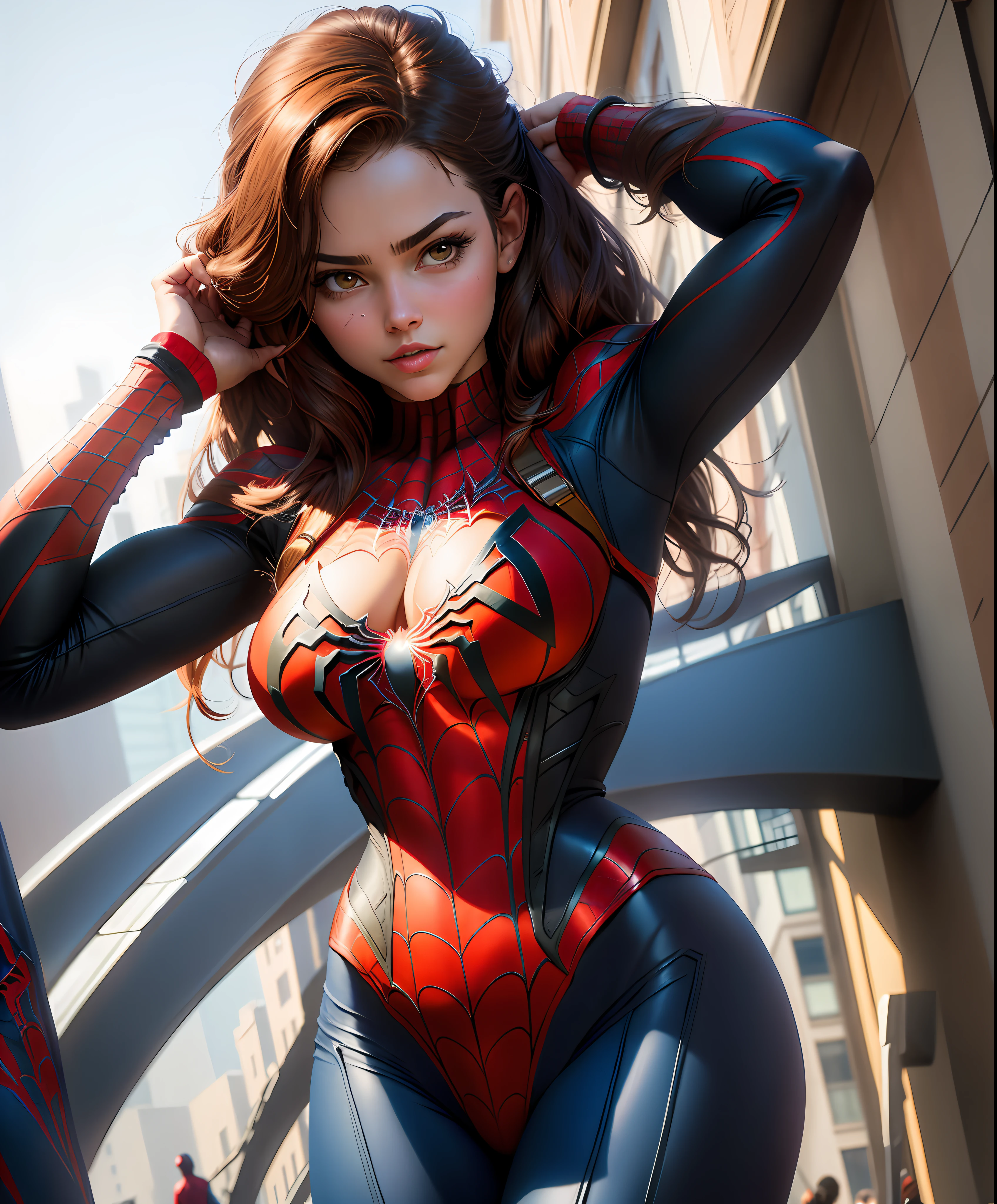 Raw foto,Beautiful woman ,detailed the outlined body with Spider-Man cosplay, very large breasts,tits big