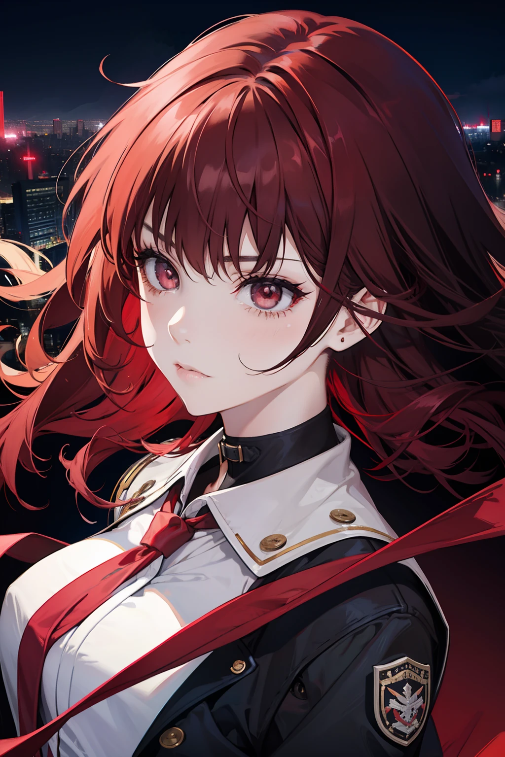 1 girl, solo, dark red hair, badass girl, seductive, modern city night background, student, white school uniform