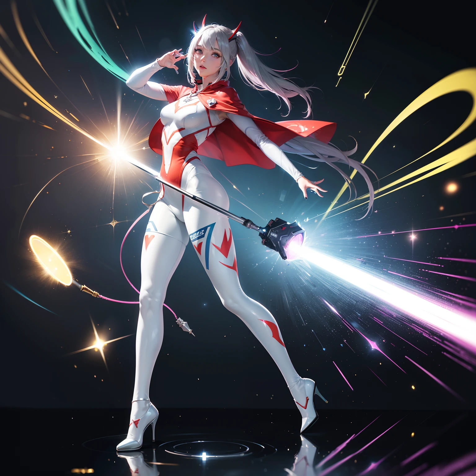 (full body:1.5),(1girl:1.3),(looking at viewer:1.4),(anatomy correct:1.3),(Wearing Printed Fantasy Ultraman tight and pointed high heels ,and Very thick Printed Pantyhose :1.35), (Light particle effect:1.3),(In pink | amarelo | blue colors| green color |red colors | white colors| black in color| purpleish color| greys| Beige| Flesh color 1.4),(Glowing eyes:1.3),(Large amplitude action: 1.3),(Accurate and perfect face:1.4),(Clothing Highly reflective:2),(Skin reflection:2),hyper HD, Ray traching, reflective light,structurally correct, Award-Awarded, high detal, lightand shade contrast, Face lighting,cinmatic lighting, tmasterpiece, super detailing, high high quality, high detal, best qualityer, 16k,high contrast,