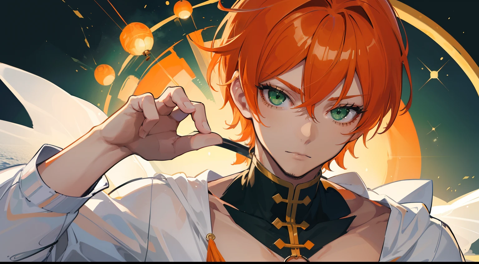 ((((One guy)))),close your eyes and laugh,(((Guy))), (((man))), (((Man's))),(((masutepiece))), (((Beautiful lighting))),(((muscular))),(((man))),),(((Green eyes))),(((Orange hair))), Male face,male eyebrows, Male Eyes, Eyelashes, Medium Hair,Beautiful face, v shaped_eyebrow,White skin,Transparent wings,Chinese_Clothes,(((Black clothes,)))garters_lanyard, See-through,