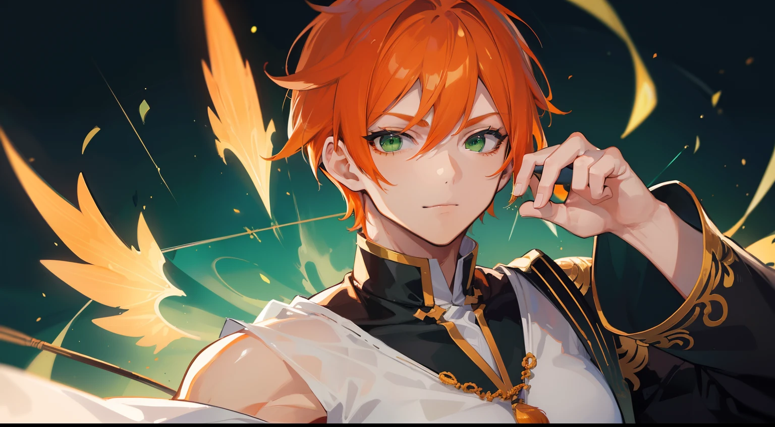 ((((One guy)))),close your eyes and laugh,(((Guy))), (((man))), (((Man's))),(((masutepiece))), (((Beautiful lighting))),(((muscular))),(((man))),),(((Green eyes))),(((Orange hair))), Male face,male eyebrows, Male Eyes, Eyelashes, Medium Hair,Beautiful face, v shaped_eyebrow,White skin,Transparent wings,Chinese_Clothes,(((Black clothes,)))garters_lanyard, See-through,