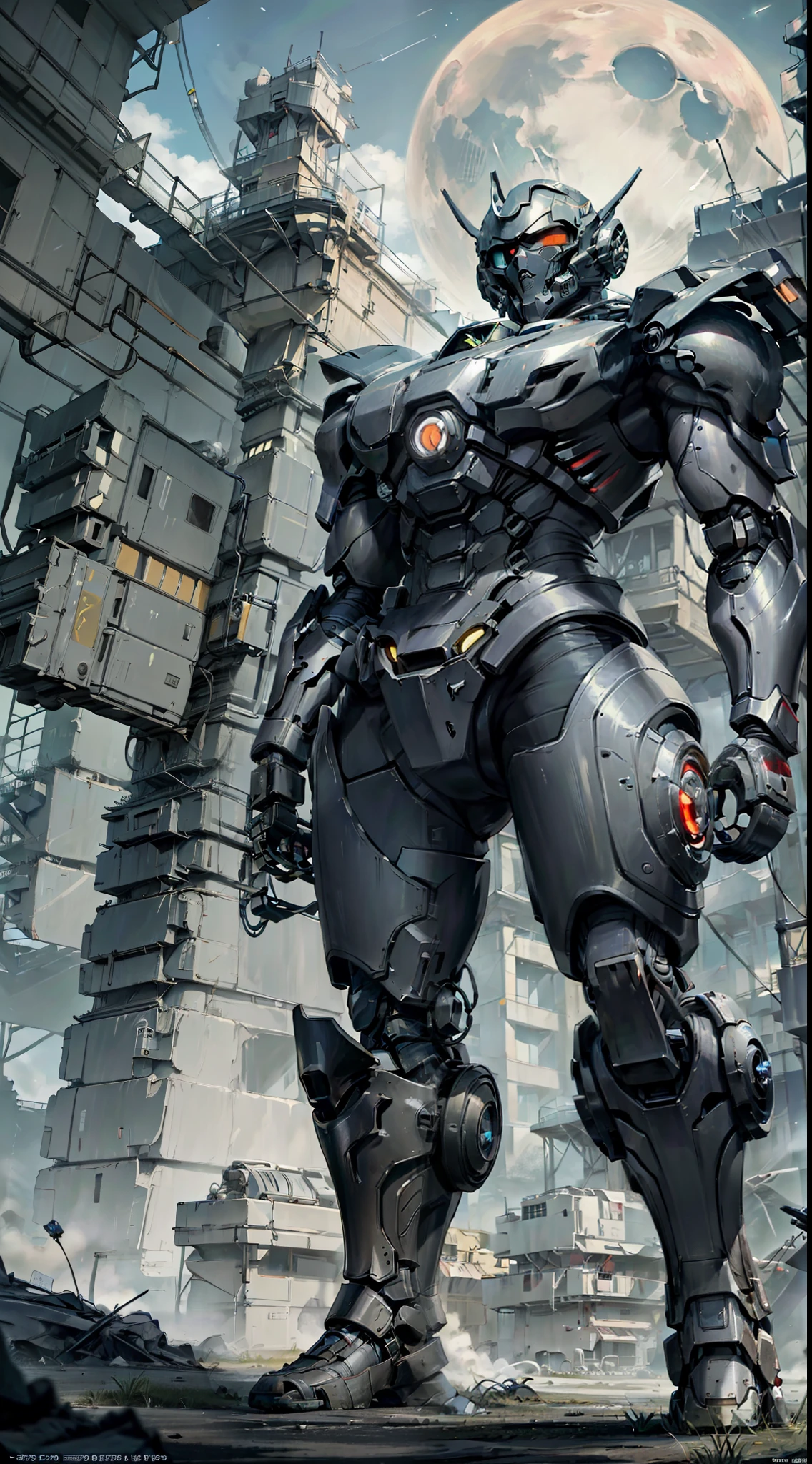 Giant robots, Sci-fi accessories, Illustration wallpaper,cyber punk perssonage,Up,Parts fragmentation,personification,The eyes glow blue,The cuirass has a red core,Eight robotic arms,Silent night,The moon hangs in the distance,On the ground were countless corpses,It seems to be a god,