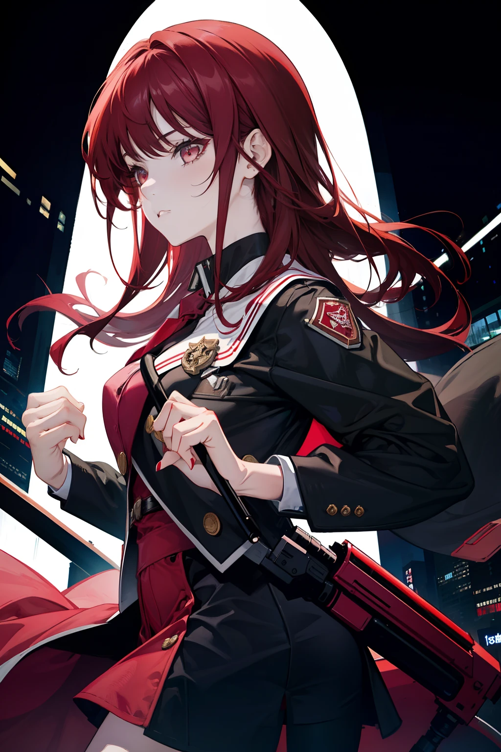 1 girl, solo, dark red hair, badass girl, seductive, modern city night background, student, white school uniform