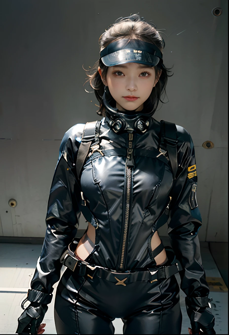 Highest image quality, outstanding details, ultra-high resolution, (realism: 1.4), the best illustration, favor details, highly condensed 1beautiful girl, with a delicate and beautiful face, ((cowboy shot)), (wearing nylon racing suit likes police uniform, black and gray mecha, wearing a high-tech visor, military harness, having Electrical Discharging Staff), simple background grey