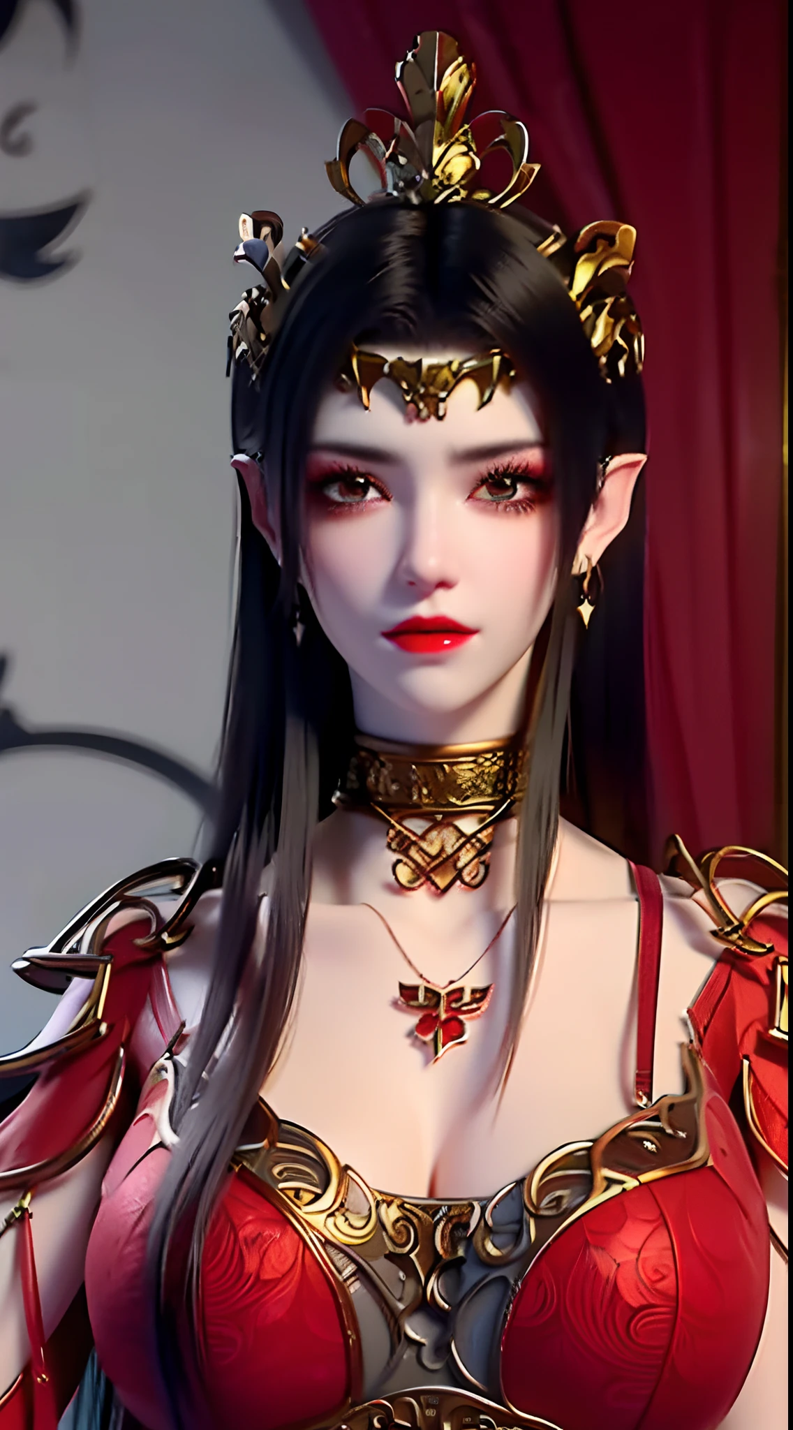 1 very beautiful queen medusha in hanfu dress, thin red silk shirt with many yellow motifs, black lace top, crown on her head, long hair dyed black, beautiful hair jewelry, pretty face pretty and cute, perfect face, earring jewelry, light purple rabbit ears, antique jewelry, big red eyes, sharp eye makeup, meticulous makeup eyelashes, thin eyebrows, nose tall, pretty red lips, no smile, pursed lips, rosy cheeks, wide breasts, big breasts, well-proportioned breasts, slim waist, red mesh stockings with black lace, Chinese hanfu style, fictional art patterns, colors vivid and realistic, RAW photos, realistic photos, ultra-high quality 8k surreal photos, cool photos, (virtual lighting effects: 1.8), 10x pixels, magic effects (background): 1.8), super detailed eyes, beautiful girl body portrait, girl alone, ancient hanfu background, looking directly at the audience, wide original photo, 8k quality, super sharp, detailed and clear picture best, detailed light background,