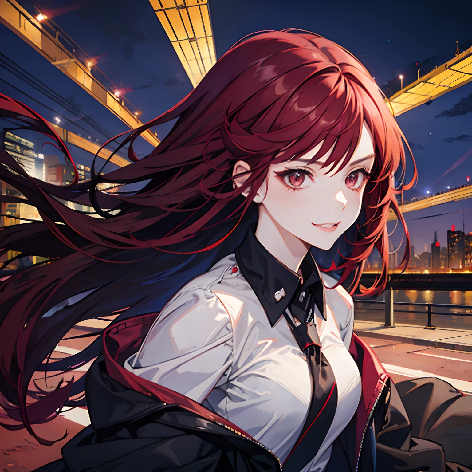 1 girl, Solo, Dark red hair, Badass girl, Seductive, Modern city night background, Student, bad-girl, Lovely smile, school uniform