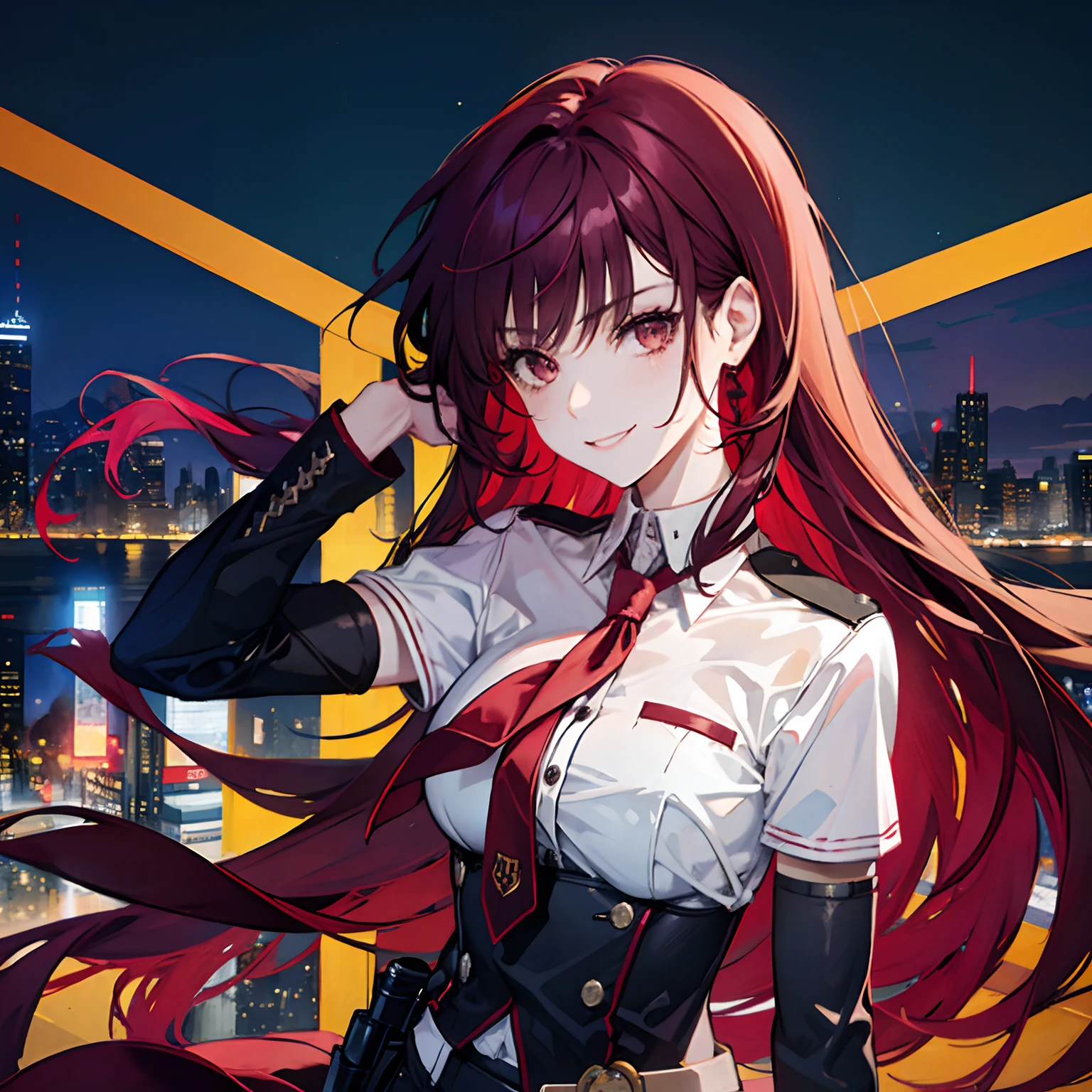 1 girl, Solo, Dark red hair, Badass girl, Seductive, Modern city night background, Student, bad-girl, Lovely smile, school uniform