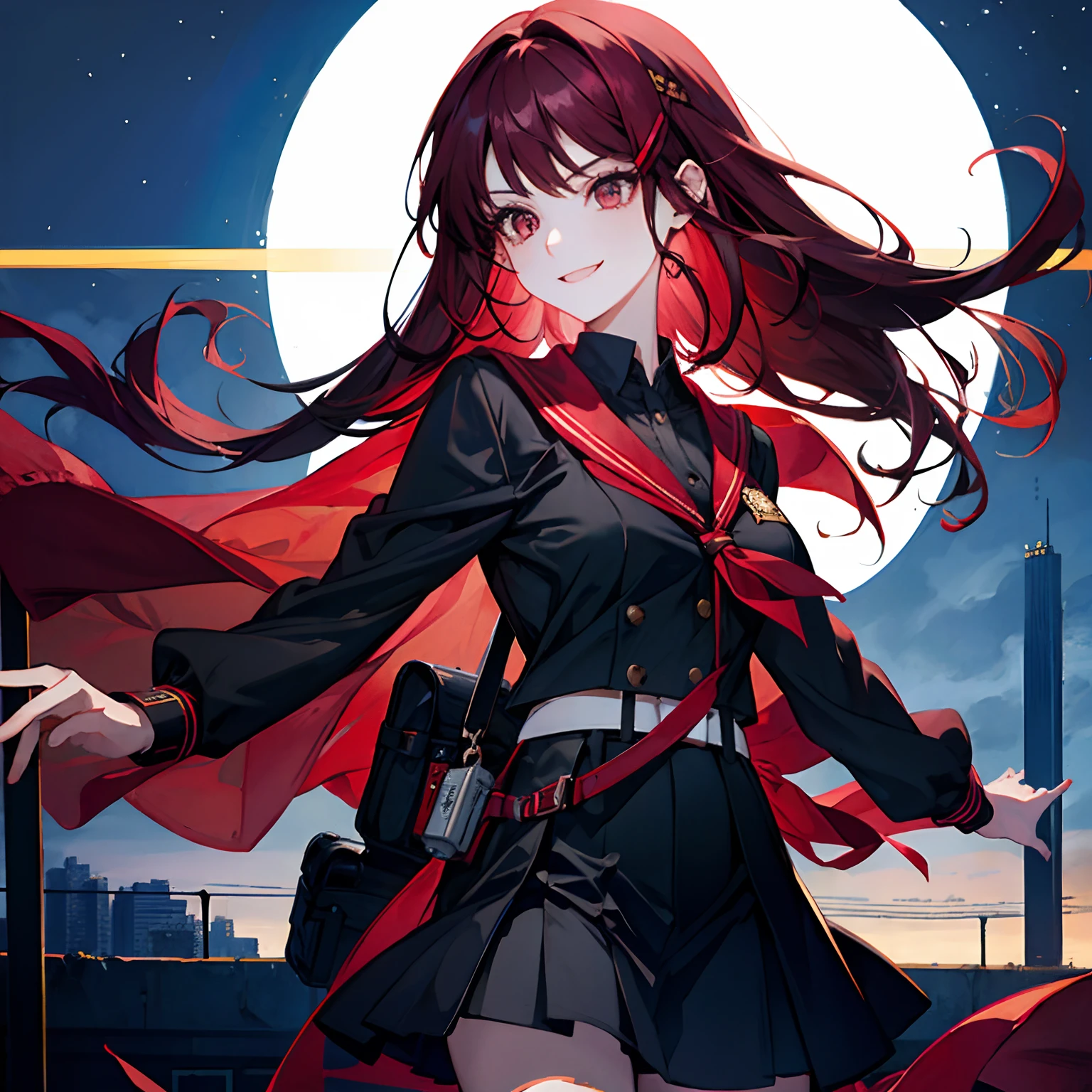 1 girl, Solo, Dark red hair, Badass girl, Seductive, Modern city night background, Student, bad-girl, Lovely smile, school uniform