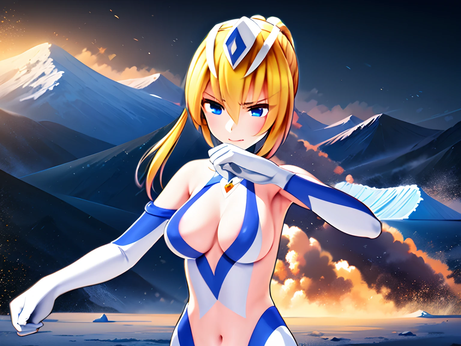 masterpiece, High quality, 1girl in, Solo, breasts, gloves, Blonde_hair, hand armor, Medium_breasts, Blue_Eyes, white sclera Elbow_gloves, Navel, Twin Tail Sky, cleavage, Ponytail, snow mountain, iceberg, blue ultraman body suits, upper body, serious, concentrating, v-shaped eyebrows,