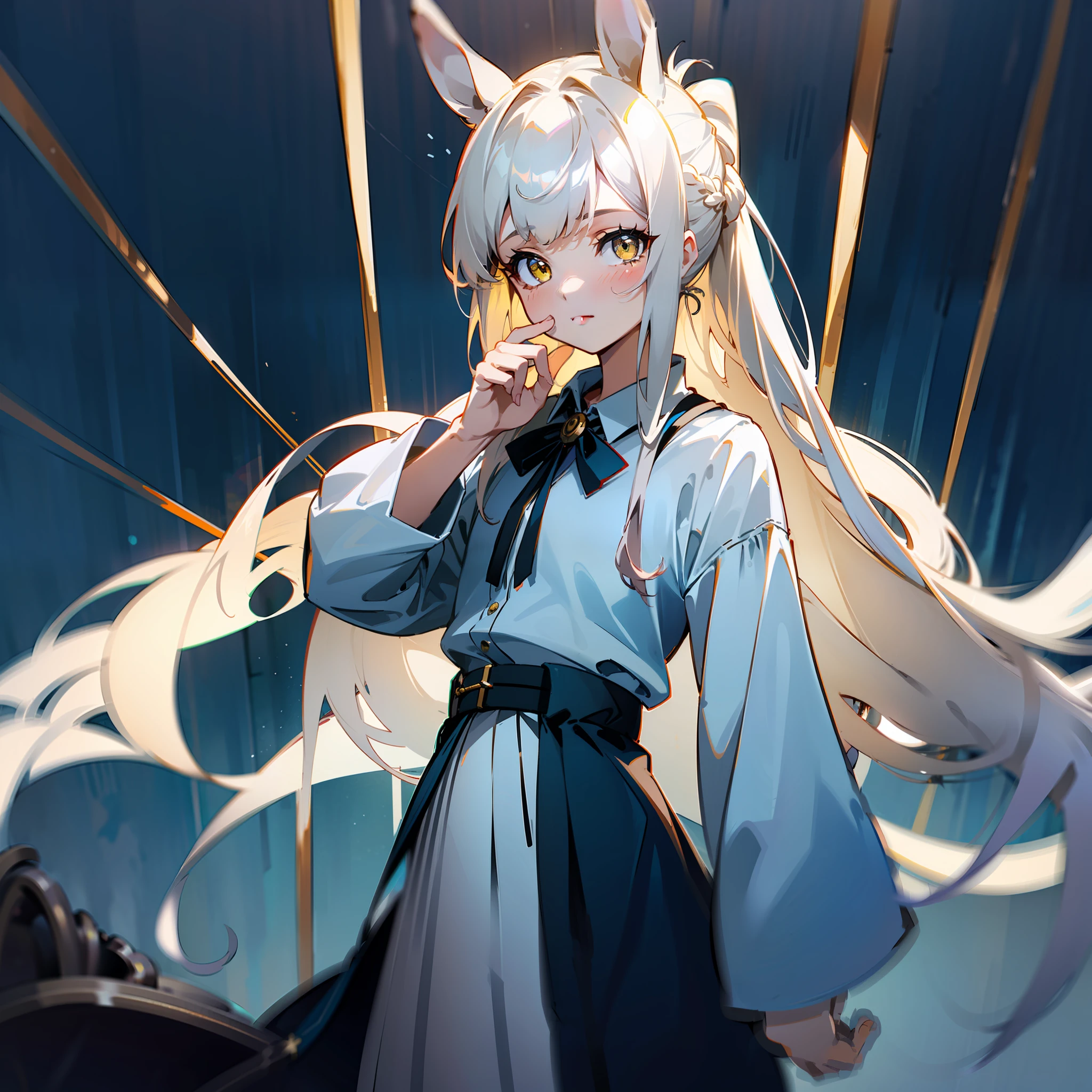 Masterpiece, Best quality, High quality, 1girll，Solo, Male focus, view the viewer, White horse ears，Long white single ponytail hair，white color hair，Long hair and waist，Flat bangs，yellow eyes，Cute and charming animated protagonist，arena