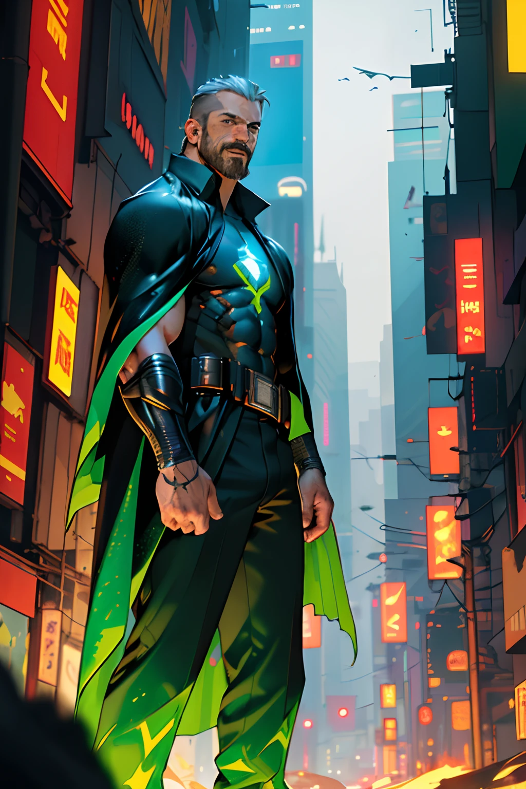 Best quality, masterpiece, ultra high res,detailed background,realistic,hadesstyle,solo,male,mature,bara,muscular,mature male,short hair,facial hair,mage,Superhero,villain, cyberpunk, modern,green fire,powers\(theme\),evil,cape,depth of field