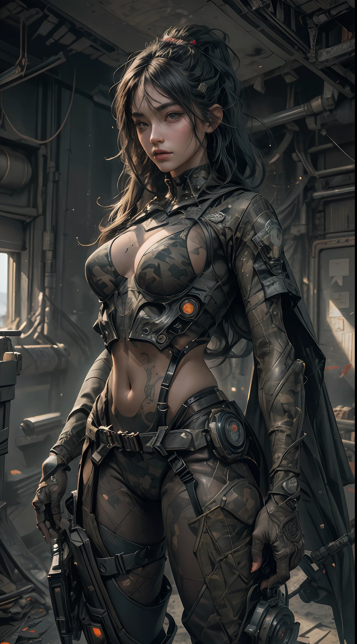 ((Best quality)), ((masterpiece)), (highly detailed:1.3), 3D, beautiful (cyberpunk:1.2) special forces, robort,female with thick voluminous hair wearing (wearing camouflage_uniform:1.1), body armour,cape,digital (camouflage:1.3),HDR (High Dynamic Range),Ray Tracing,NVIDIA RTX,Super-Resolution,Unreal 5,Subsurface scattering,PBR Texturing,Post-processing,Anisotropic Filtering,Depth-of-field,Maximum clarity and sharpness,Multi-layered textures,Albedo and Specular maps,Surface shading,Accurate simulation of light-material interaction,Perfect proportions,Octane Render,Two-tone lighting,Wide aperture,Low ISO,White balance,Rule of thirds,8K RAW,Efficient Sub-Pixel,sub-pixel convolution