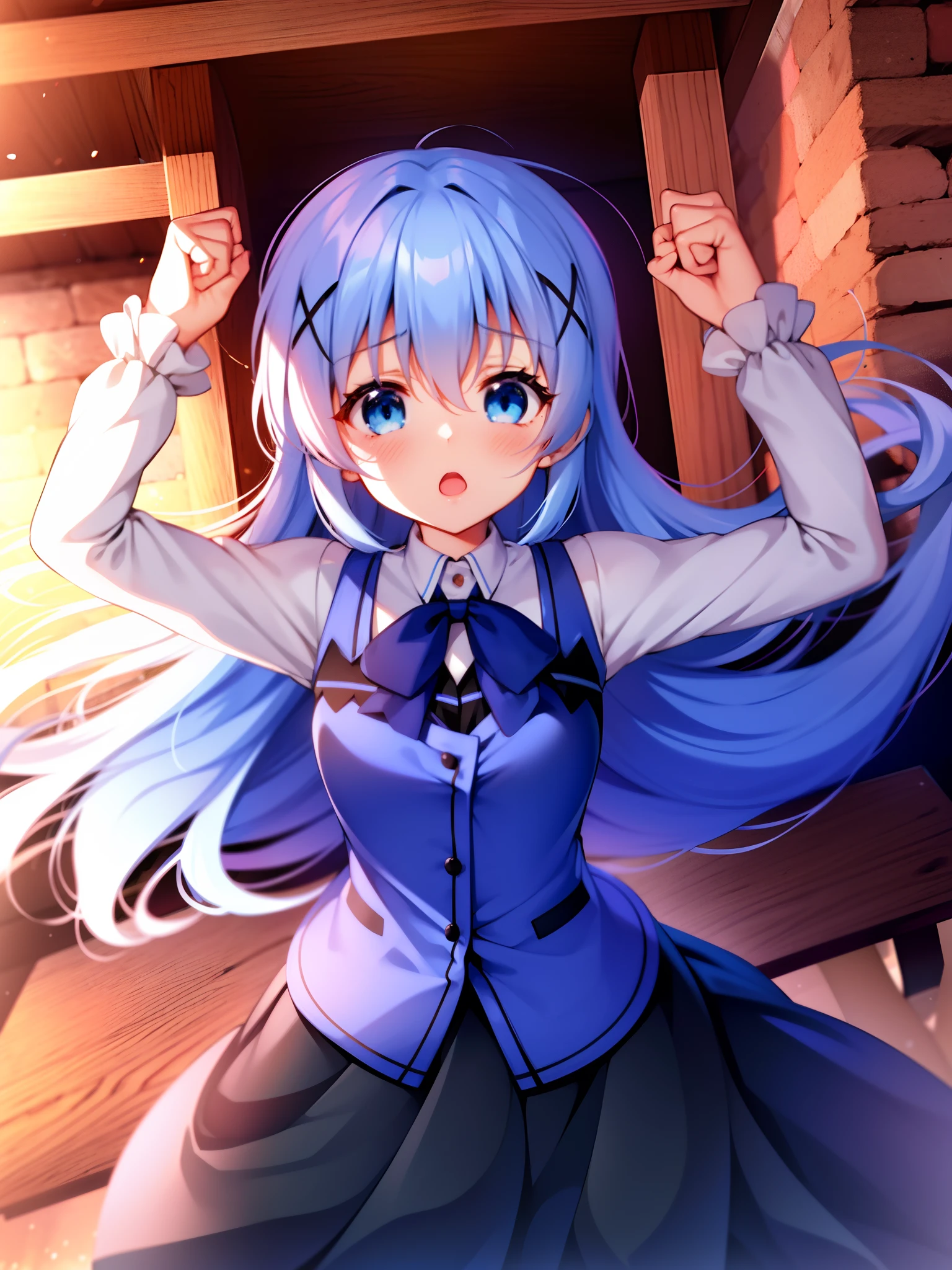 Is your order a rabbit?.Tomona Kaze.long hair.Blue eyes.light Blue hair. short stature.Face of sadness.Opening Mouth.large full breasts.up chest.Black long skirt.raise both arm.Clench your fists.Sit up.
