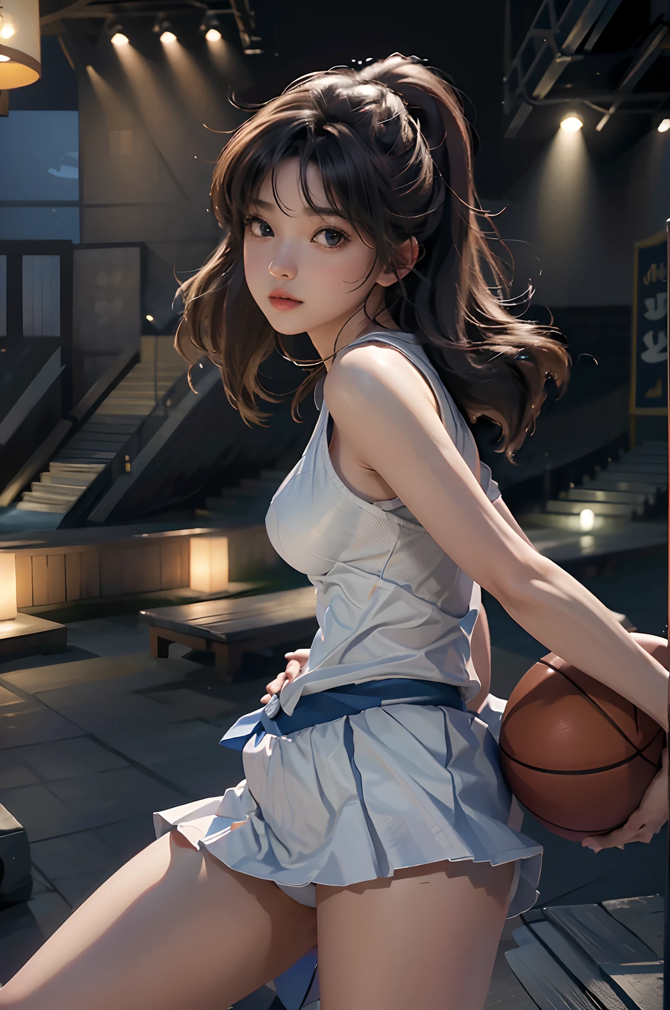(Raw photography、4K、masterpiece、hight resolution、very intricate)(realisitic:1.4)、Movie lighting
1 girl、solofocus、Summer noon、Hot、1990's\(styles\)、(top-quality)、(Hi-Res)、(extremely delicate and beautiful)、poneyTail、Wide open chest、(Beautiful 8k face)、(Brown-eyed)、(ulzzang-6500:1.0)、(独奏)、(Lookside)、(audience)、(Colossal tits)、(nffsw)、Stooping、Composition looking up from below、Lookside、(Side)、Beautiful belly button、beautiful thigh、Beautiful panties、Beautiful navel、Beautiful armpits、Beautiful facial features、、(Ultra Mini Skirt Sportswear)、((Playing Basketball))、((Gymnasium))、Beautiful white panties、((speedo))、(现实)、