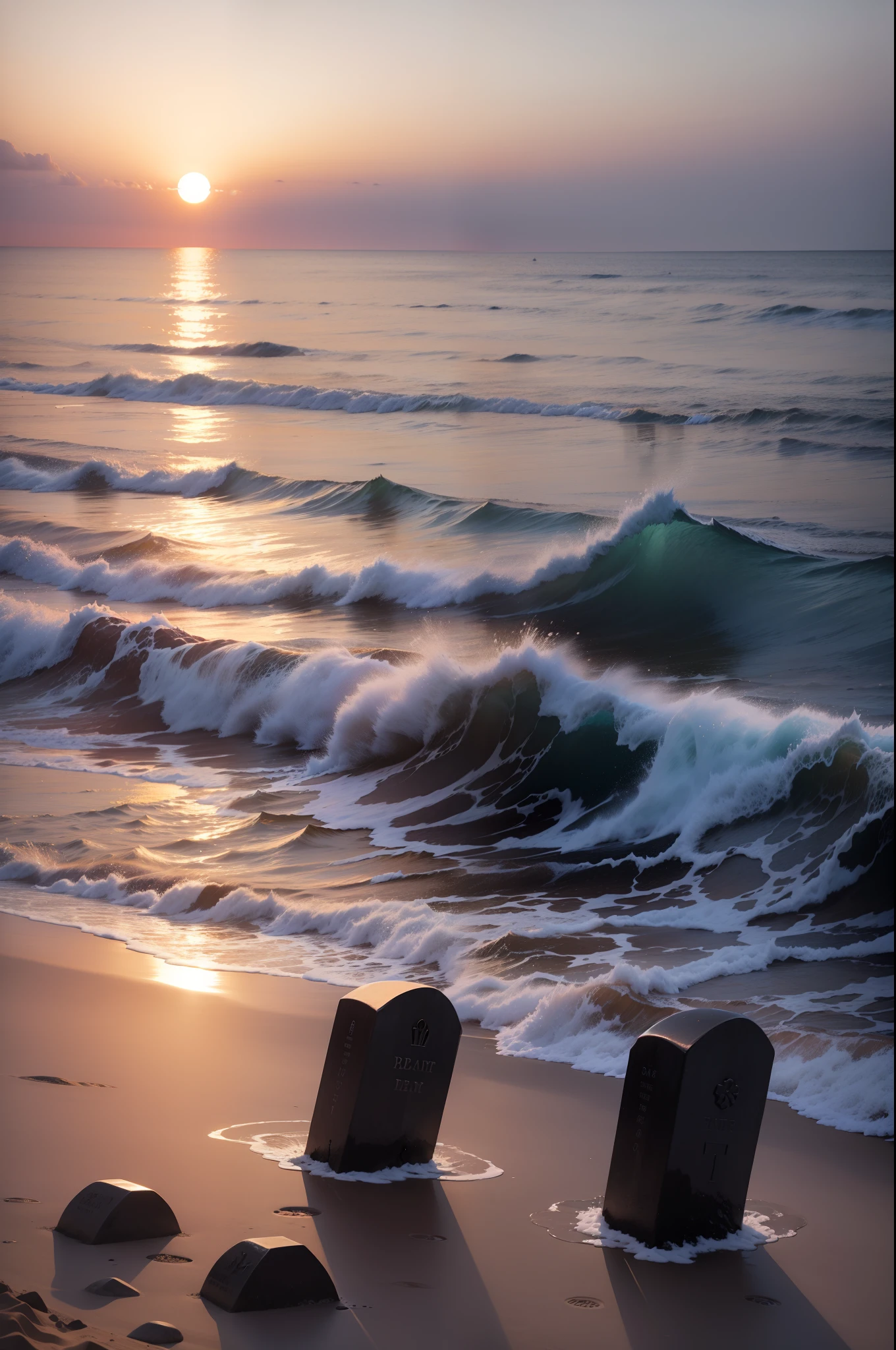 Two of the graves in front of the sea at sunset on the beach
