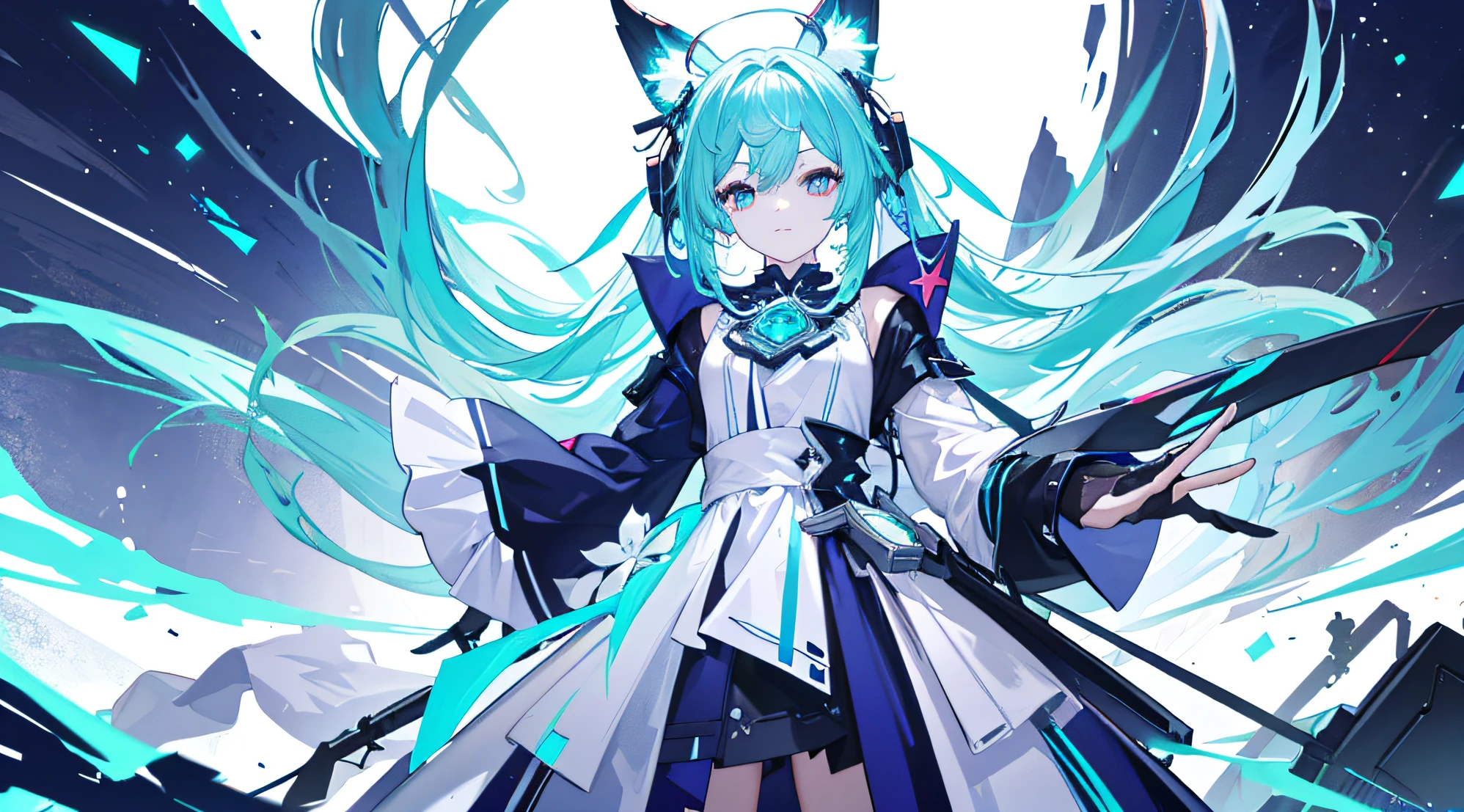 A ***********，White and cyan bicolor hair，long whitr hair，Glowing cyan eyes，There are animal ears，He held a large white sword in his left hand，standing，full bodyesbian，Chosen Ji，cyber punk perssonage，paint drips，plethora of colors，complexdetails，Best Masterpiece，Highest image quality，8K分辨率，PC Wallpapers，starryskybackground