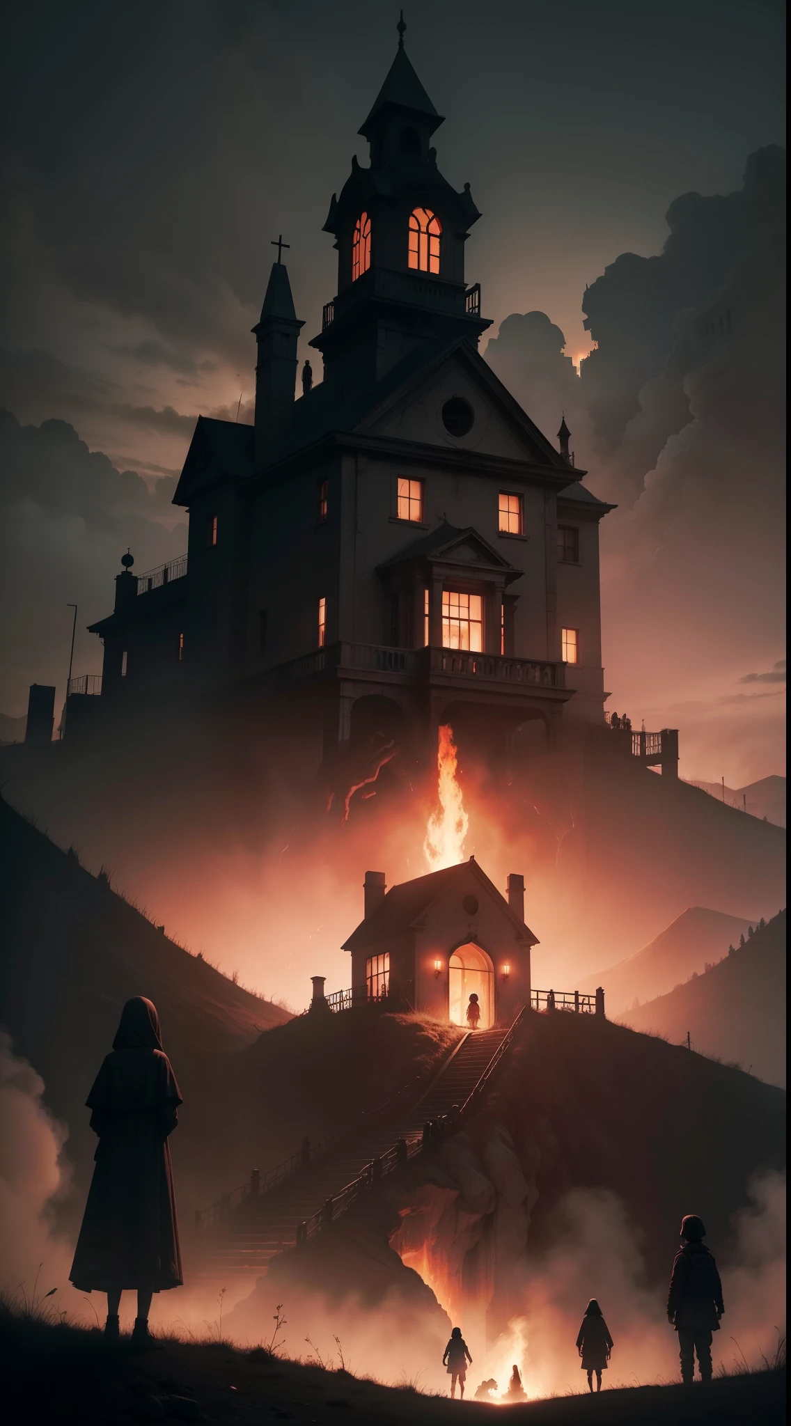 dark creepy cover art of an orphanage sitting on a hill that's on fire, hell is coming up from underneath it with only giant bone like hands, horror, night, fall weather, with a small town ground level, kids