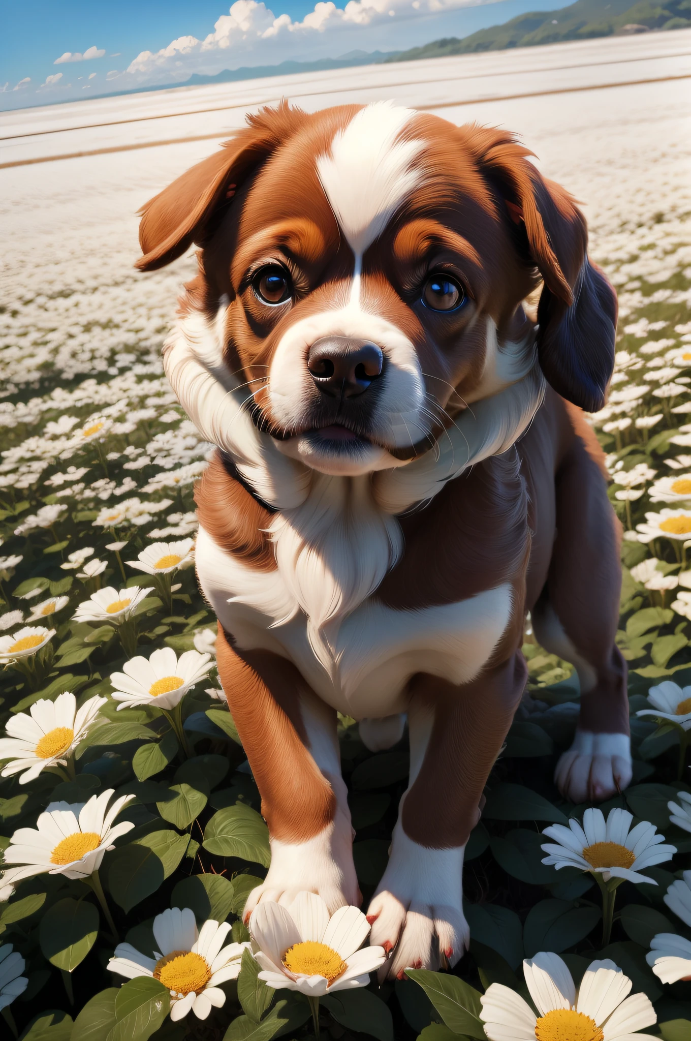 Cachorro nadando em flores no ar em cima de uma nuvem fofa